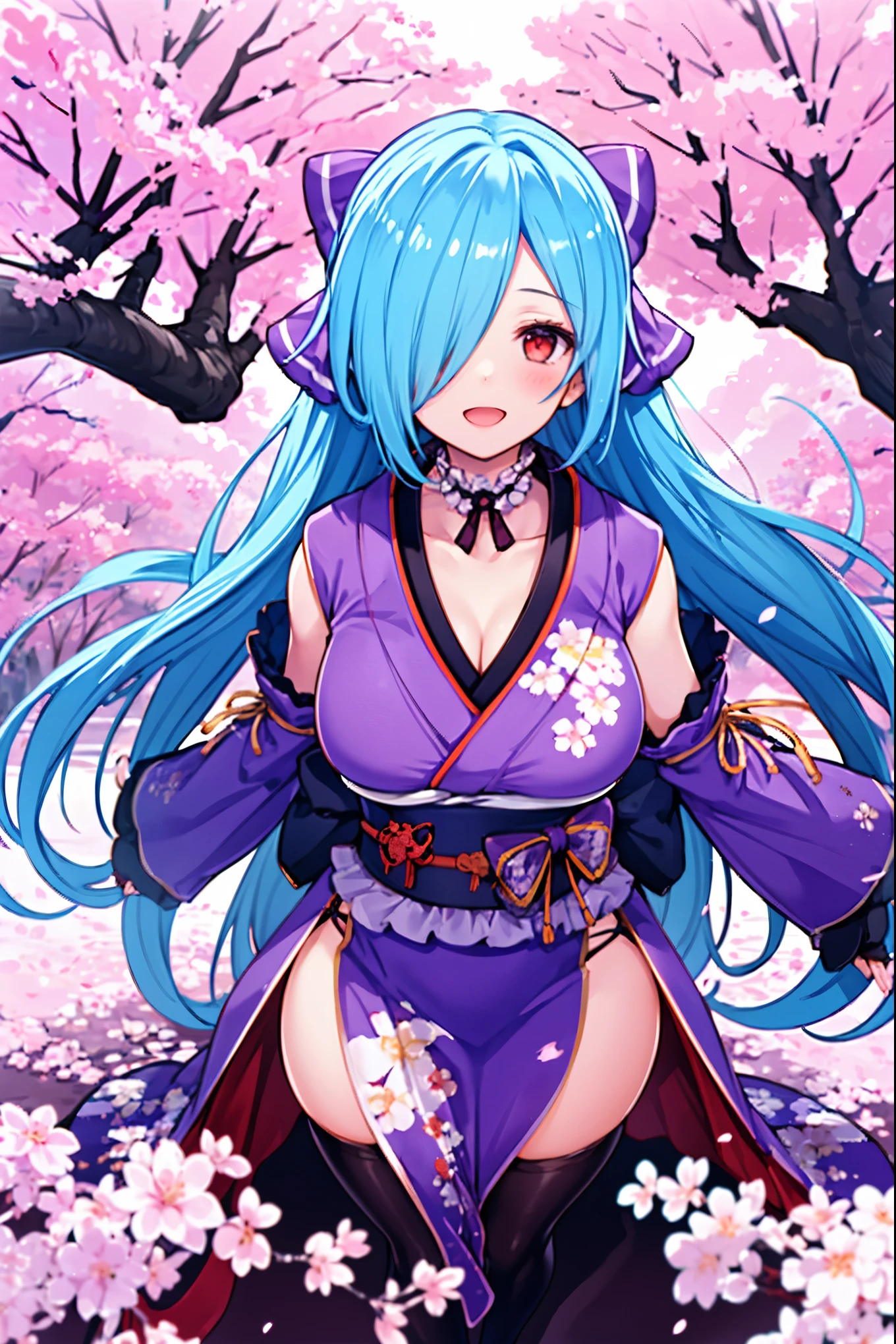 1girl, highres, masterpiece, solo, anime, absurdres, yellow eyes, azura \(fire emblem\), wariza, kimono, japanese clothes, oil-paper umbrella, sakura forest background, cherry blossoms,  slipping kimono, bare shoulders, revealing clothes, cleavage, facing viewer, shy, blush, cute face, sitting on knees