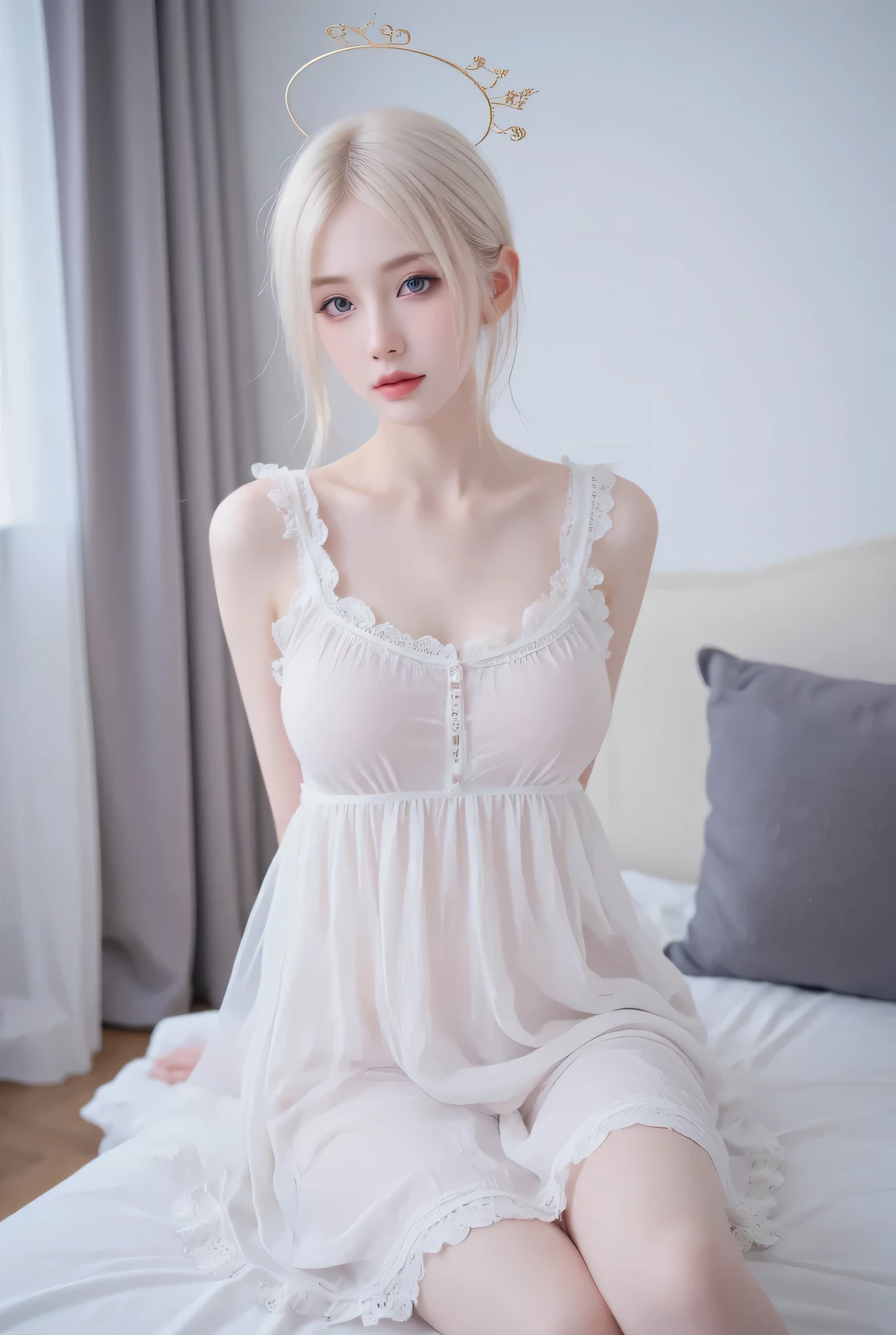 a beautiful girl with gorgeous detailed facial features, wearing a sexy and revealing nightgown, upper body only, with a big bust, pale white skin, silky and flowing hair with a hair ornament, blushing drunk expression, off-shoulder, medium-length hair, sleeping on a bed, bedroom interior, soft lighting, cinematic composition, highly detailed, photorealistic, 8k, masterpiece
