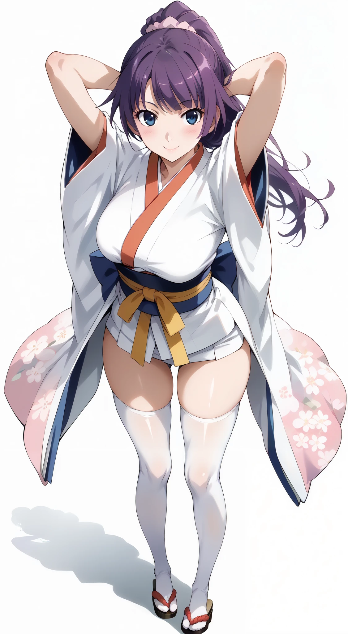 score_9, score_8_up, score_7_up, source_anime, 4K,perfect fingers,(perfect hands, perfect anatomy),prefect lighting, very aesthetic, intricate details,highly detailed background, masterpiece, high quality, best quality, 
1girl, hitagisenjougahara, hitagi senjougahara, long hair, bangs, ponytail, sidelocks, scrunchie, blue eyes, purple hair,Large Breast,
wearing (( japanese clothes, white thighhighs,haori, )),,
looking at the spectator, filed, (arms behind head:1.5), high thigh individual , (large breasts:0.9),Stand up,((fullbody:1.5)),((White plain background:1.5)) ,((Seductive smile)),((top view:1.5)),leaning forward:1.3,looking at viewer,focos ass