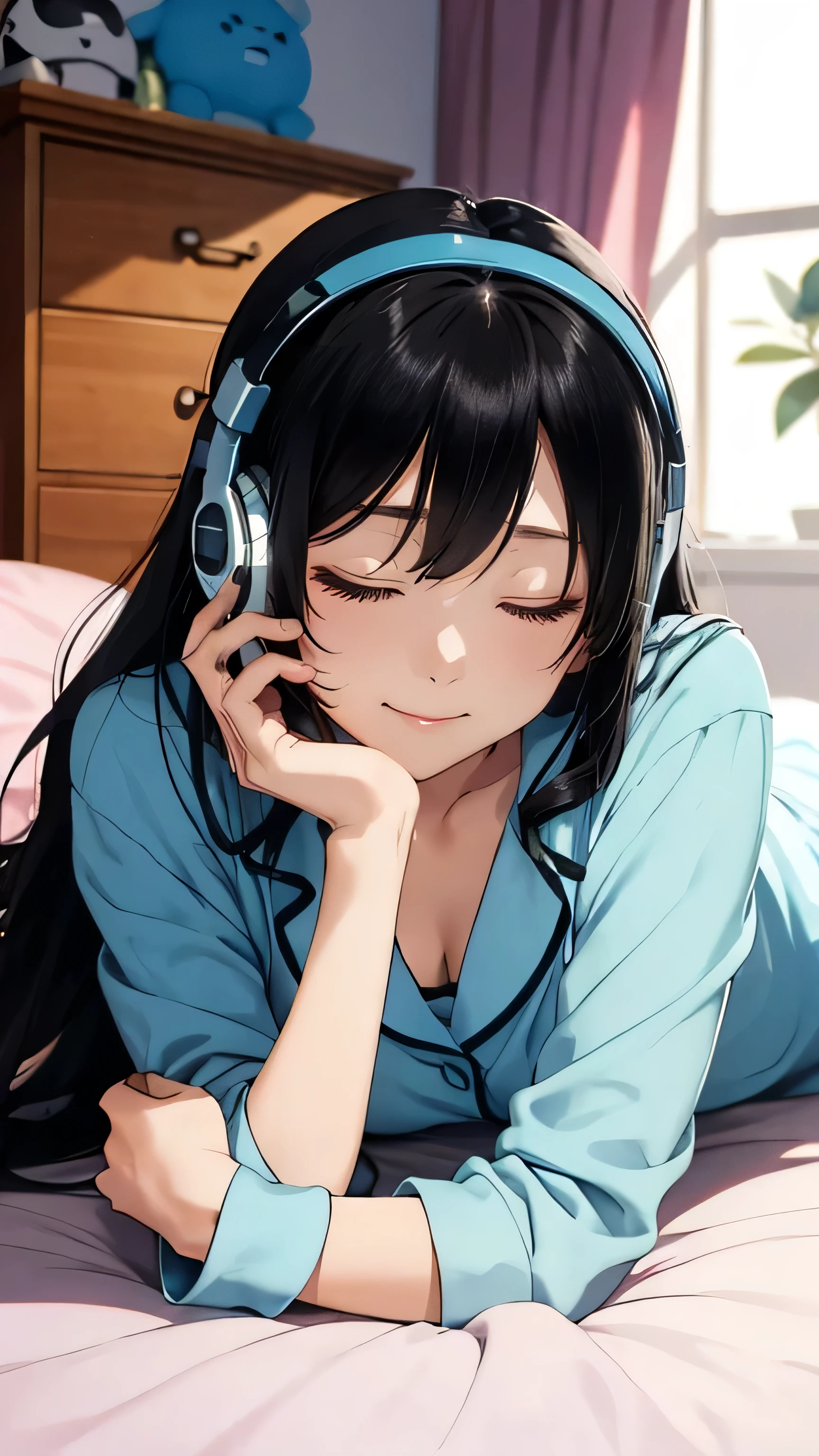 (masterpiece, high resolution, photo-realistic:1.5), Japanese ager with very long, black hair, (eyes closed:1.5), immersed in music, wearing wireless headphones, (thin silk pajamas:1.5), (sleep on bed:1.5), (soft ambient lighting:1.2), (subtle glow casting gentle shadows:1.1), (posters of favorite bands on the wall:1.3), (comfortable pillows and blankets:1.1), (fragments of sheet music scattered around:1.2), (peaceful expression on her face:1.4), (capturing a moment of tranquility and relaxation:1.4), creating a serene and intimate scene, Cinematic, Hyper-detailed, insane details, Beautifully color graded, Unreal Engine, DOF, Super-Resolution, Megapixel, Cinematic Lightning, Anti-Aliasing, FKAA, TXAA, RTX, SSAO, Post Processing, Post Production, Tone Mapping, CGI, VFX, SFX, Insanely detailed and intricate, Hyper maximalist, Hyper realistic, Volumetric, Photorealistic, ultra photoreal, ultra-detailed, intricate details, 8K, Super detailed, Full color, Volumetric lightning, HDR, Realistic, Unreal Engine, 16K, Sharp focus, octane render --v testp