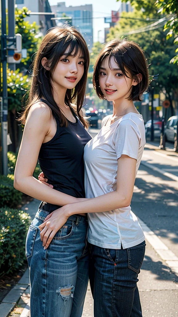 one girl, (a beauty girl, delicate girl:1.3), (, gal:1.3), (denim shorts:1.2), very fine eye definition, (symmetrical black eyes:1.3), stare at the camera, A big smile, show teeth, (trackfield view:1.2), small breasts, brown short hair, girl, (eyes and faces with detailed:1.5), (masterpiece, best quality, ultra detailed, detailed face, 8k),