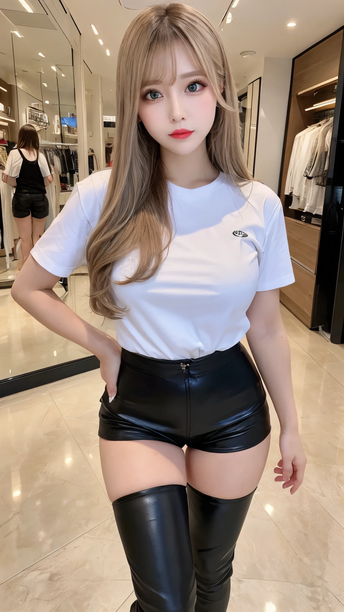 dutch angle, of (asian:1.1) 1girl, 20 years old, long slik black hair with bangs, long legs, fitness body type, slim , white shirt , black plised mini skirt and black pantyhose, white sneakers, in dark library, (showing middle finger to camera:1.1), crouch down, rating_explicit