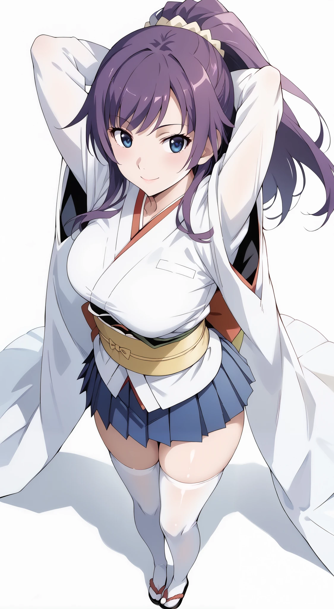 score_9, score_8_up, score_7_up, source_anime, 4K,perfect fingers,(perfect hands, perfect anatomy),prefect lighting, very aesthetic, intricate details,highly detailed background, masterpiece, high quality, best quality,
1girl, hitagisenjougahara, hitagi senjougahara, long hair, bangs, ponytail, sidelocks, scrunchie, blue eyes, purple hair,Large Breast,
wearing (( japanese clothes, white thighhighs,haori,pleated skirt, )),,
looking at the spectator, filed, (arms behind head:1.5), high thigh individual , (large breasts:0.9),Stand up,((fullbody:1.5)),((White plain background:1.5)) ,((Seductive smile)),((top view:1.5)),leaning forward:1.3,looking at viewer,focos ass