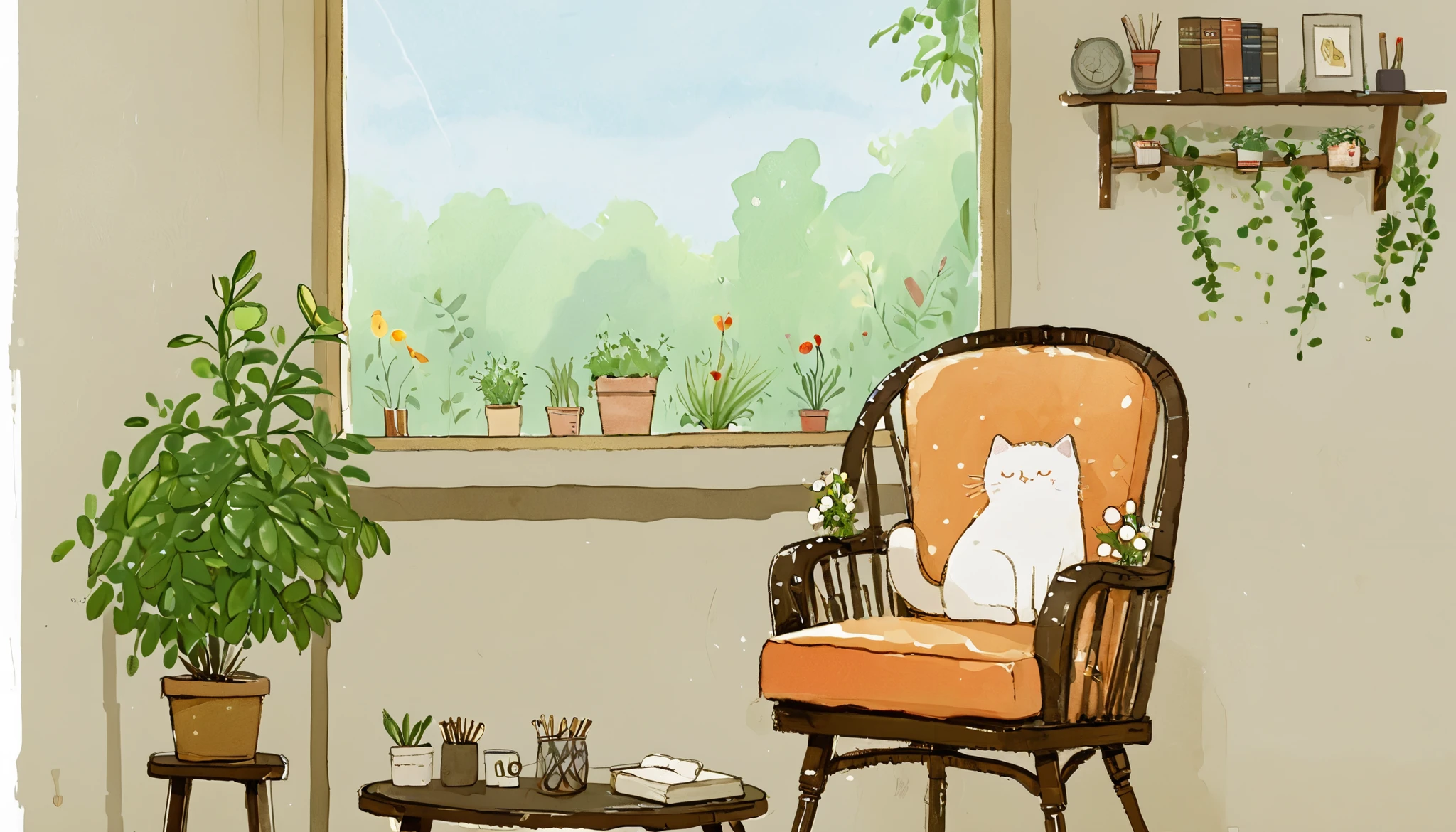 Cozy Cat Sanctuary
Description: Picture a serene indoor setting where a fluffy cat lounges in a charming wicker chair, basking in the warm sunlight. The atmosphere is filled with greenery, thanks to potted plants hanging down and lush flowers spilling over nearby. A small wooden side table, adorned with a steaming cup, complements the cozy corner. Behind, an inviting bookshelf is crammed with various books, while light filters through large windows, creating a tranquil backdrop. This space invites relaxation and offers a perfect retreat for a lazy afternoon.