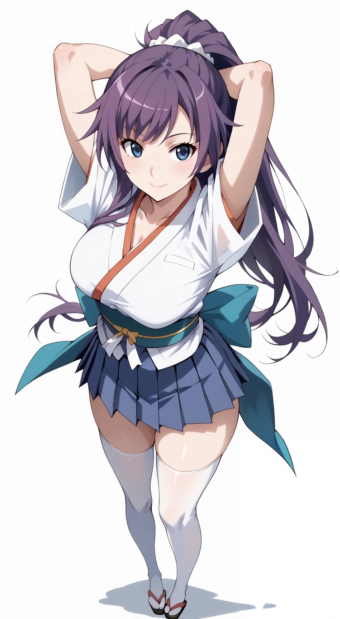 score_9, score_8_up, score_7_up, source_anime, 4K,perfect fingers,(perfect hands, perfect anatomy),prefect lighting, very aesthetic, intricate details,highly detailed background, masterpiece, high quality, best quality,
1girl, hitagisenjougahara, hitagi senjougahara, long hair, bangs, ponytail, sidelocks, scrunchie, blue eyes, purple hair,Large Breast,
wearing (( japanese clothes, white thighhighs,haori,pleated skirt, chest sarashi, )),,
looking at the spectator, filed, (arms behind head:1.5), high thigh individual , (large breasts:0.9),Stand up,((fullbody:1.5)),((White plain background:1.5)) ,((Seductive smile)),((top view:1.5)),leaning forward:1.3,looking at viewer,focos ass