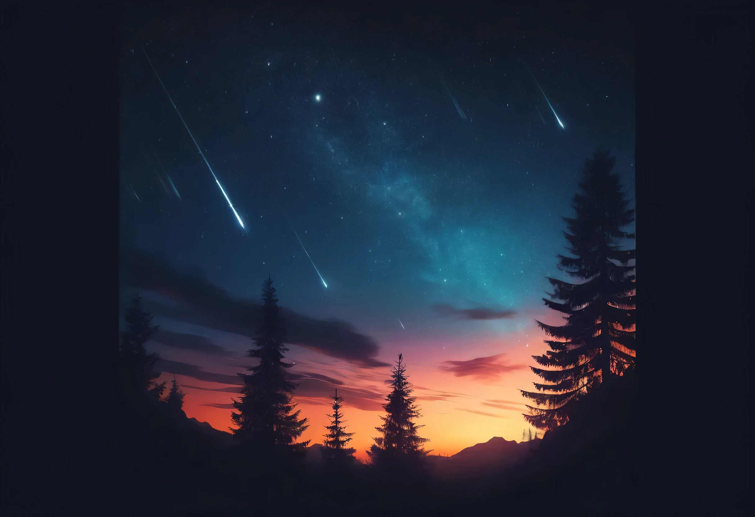 a view of a night sky with stars and a few trees, meteors falling, meteor shower, during a meteor storm, by Christopher Balaskas, meteors, shooting stars, perseides meteor shower, shooting star in background, meteors are falling from the sky, by Alena Aenami, inspired by Alena Aenami, falling stars, starry skies