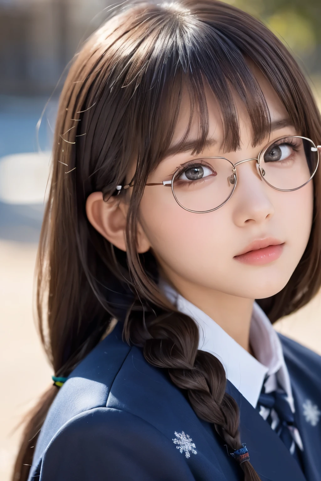 1girl, (a beauty girl, delicate girl, beautiful girl, innocent girl:1.3), (yo:1.3),
break, (cute winter uniform:1.29), (cowboy shot, skirt),
break, (university background:1.3),
break, very fine eyes, (symmetrical eyes:1.3),
break, (flat breasts:0.5), (round face, ba (brown eyes), parted bangs, (brown hair, braid), (glasses),
break, (eyes and faces with detailed:1.0), face focus,
break, (masterpiece, best quality, ultra detailed, detailed face, 8k)