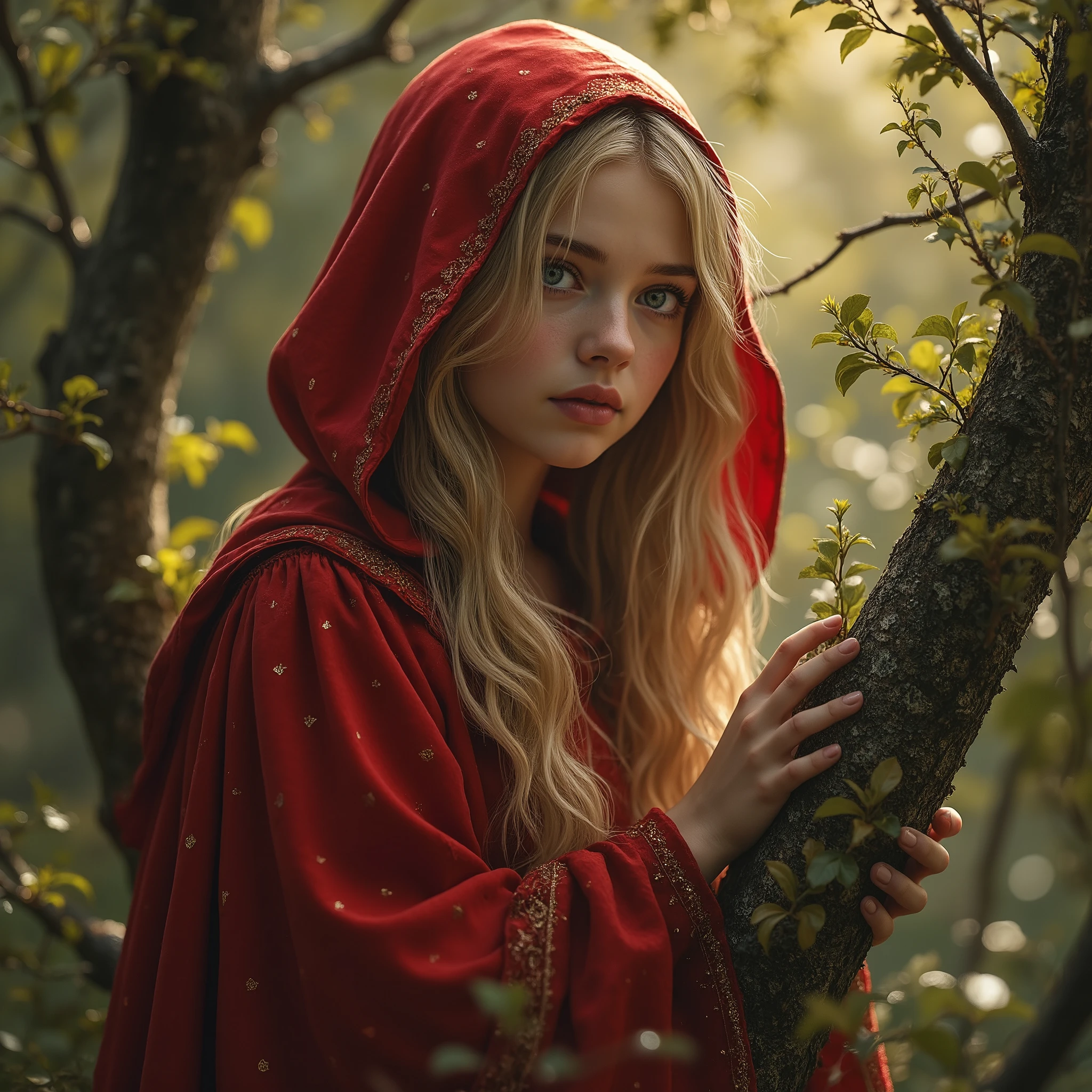 
(( RAW photo), absurdo,  Very pretty blonde ager  enough for a ren's story and mysterious about Little Red Riding Hood , her red costume shines as if she were a FAIRY ,  general plan full body ( absurd resolution)),  masterpiece,  envelopes ( extremely detailed 8k unit CG wallpaper), ( best illustration), ( best shade),  realistic lighting ,  detailed and beautiful glitter ,He is tiptoeing looking at a bird's nest branch of a tree
