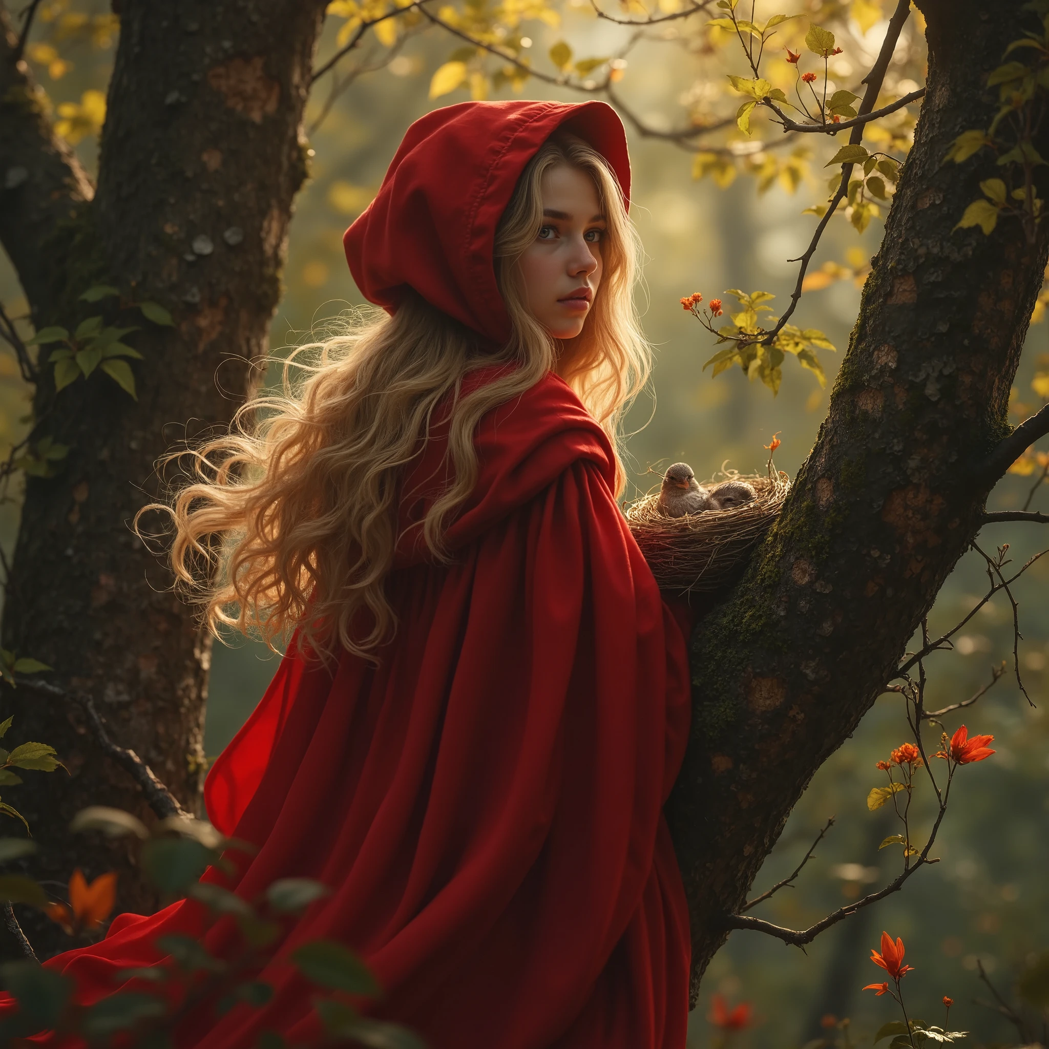 (( RAW photo), absurdo, Very pretty blonde ager enough for a story and with a sexy and mysterious touch of Little Red Riding Hood , her red costume shines as if she were a FAIRY , general plan full body ( absurd resolution)), masterpiece, envelopes ( extremely detailed 8k unit CG wallpaper), ( best illustration), ( best shade), realistic lighting , detailed and beautiful glitter ,He is tiptoeing looking at a bird's nest branch of a tree