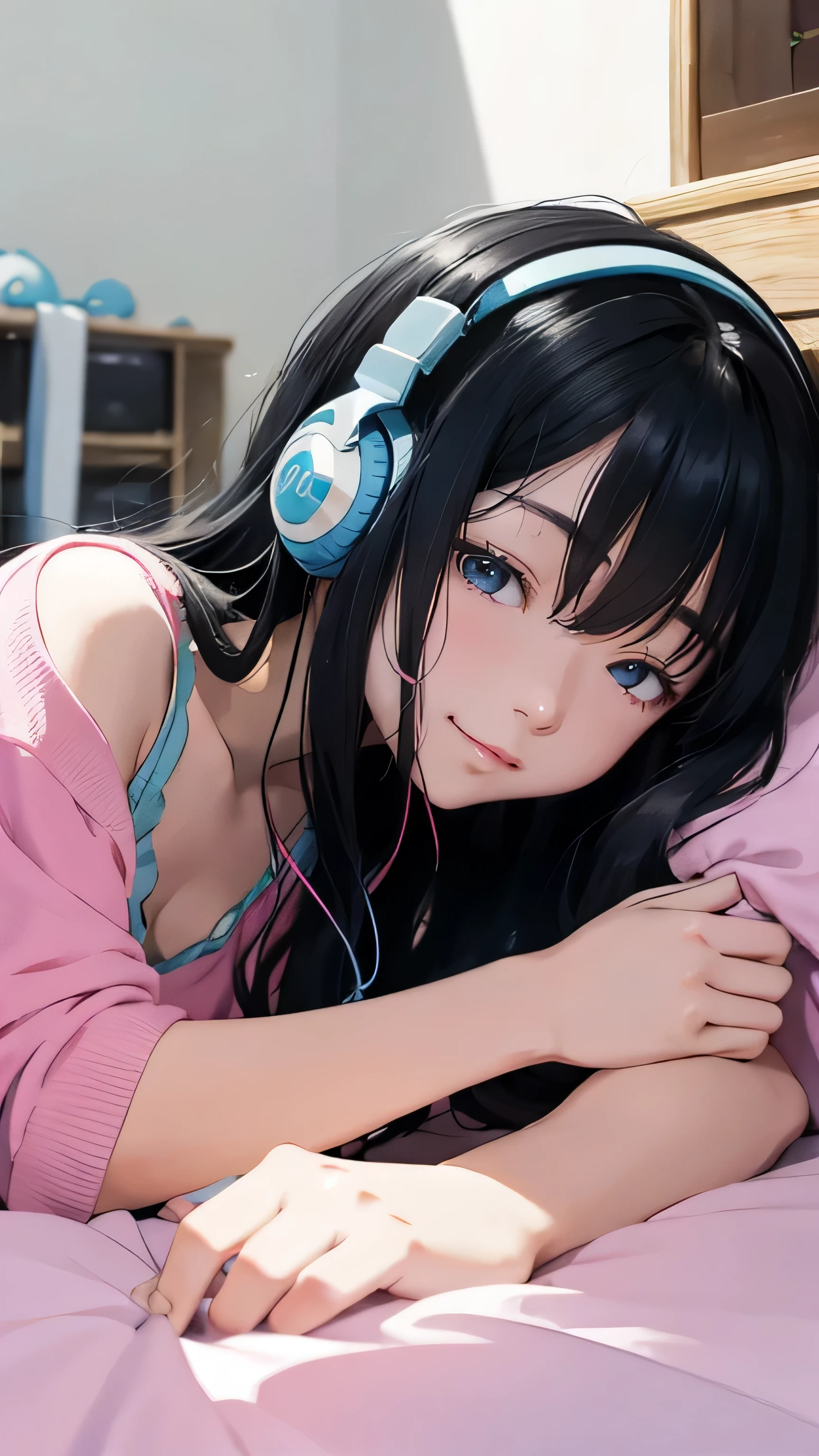 Ghibli style, Cute Girl , black semi-long hair , close my eyes because of the location, sexy face, Light blue clothes,80's style, blue headphones, bets before live, in the room、Lying down,Dozing off、blackish blue eyes、Close your eyes、smile、 small breasts 、 my pajamas fall apart、Hang a pink blanket