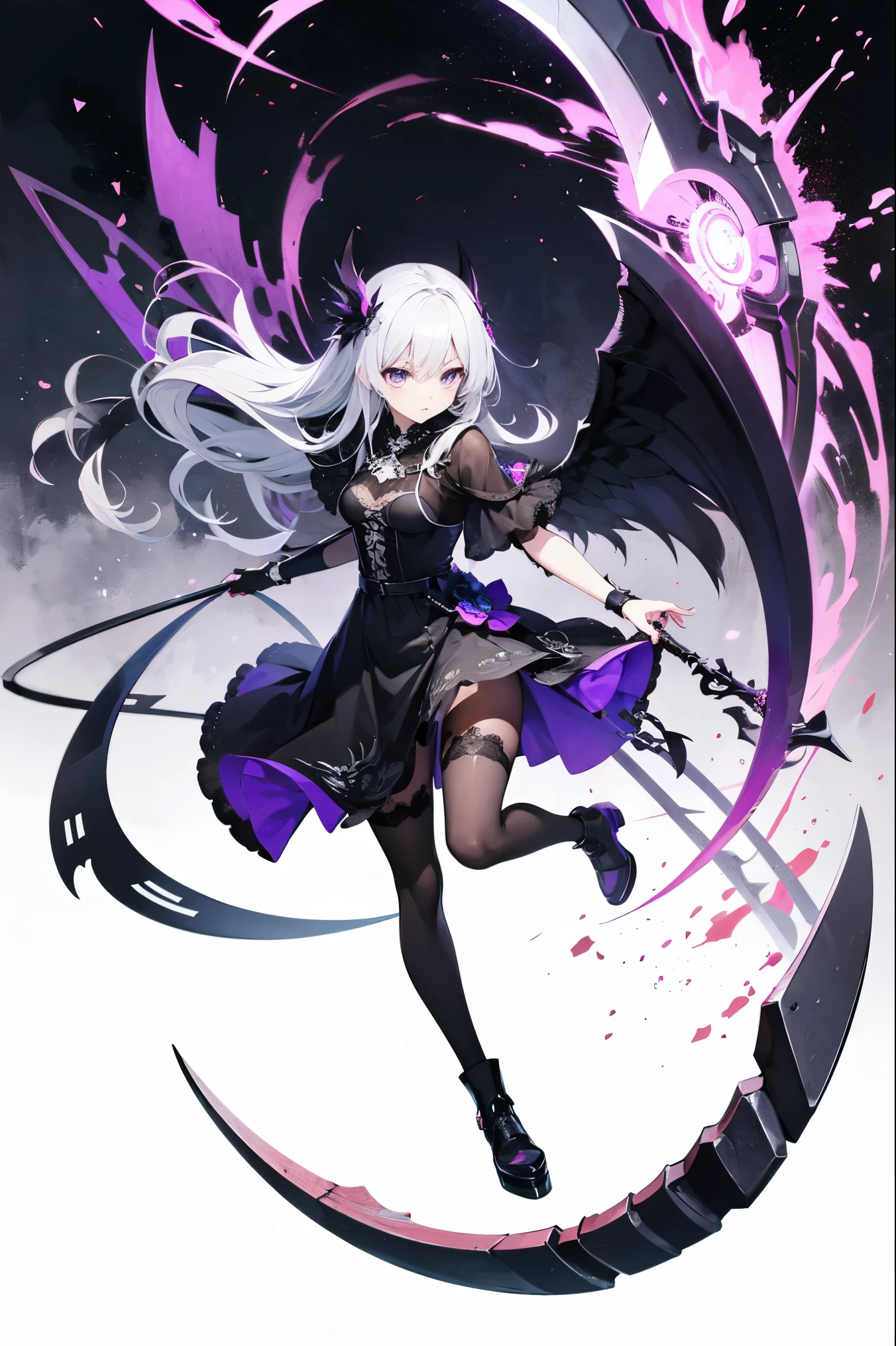 fallen Angel、Purple Color、Semi-long hair,(Action: Death Scythe ready)、Black Dress、Full Body