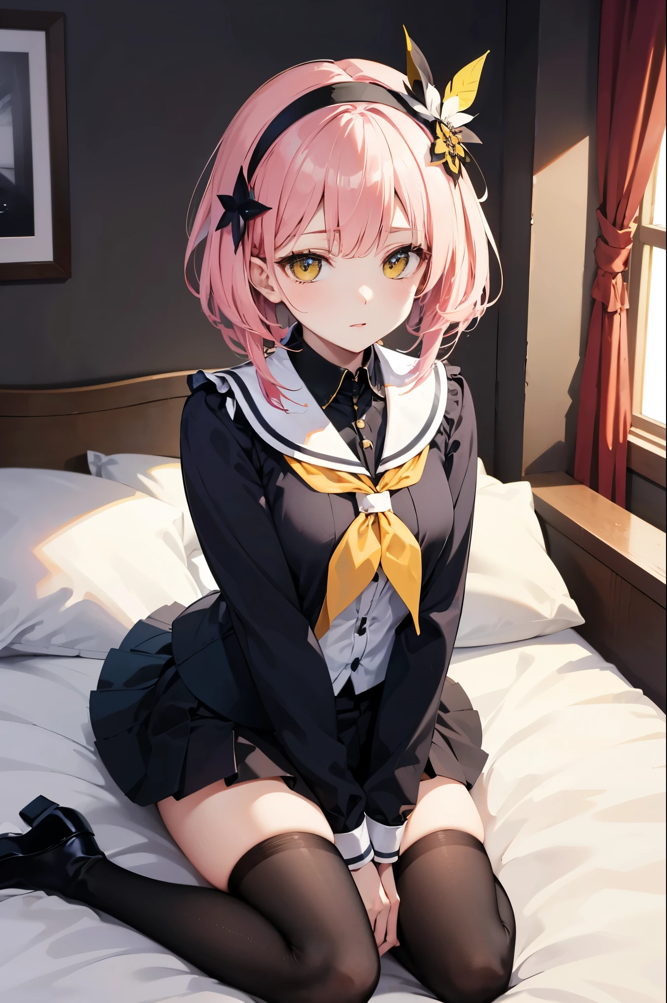 firefly \(honkai: star rail\)
black thighhighs, hairband, gradient skirt, hair ornament, blouse, frilled collar, frilled boots, cropped jacket, yellow neckerchief, highres, (masterpiece), looking at viewer, inside bedroom, sit on bed