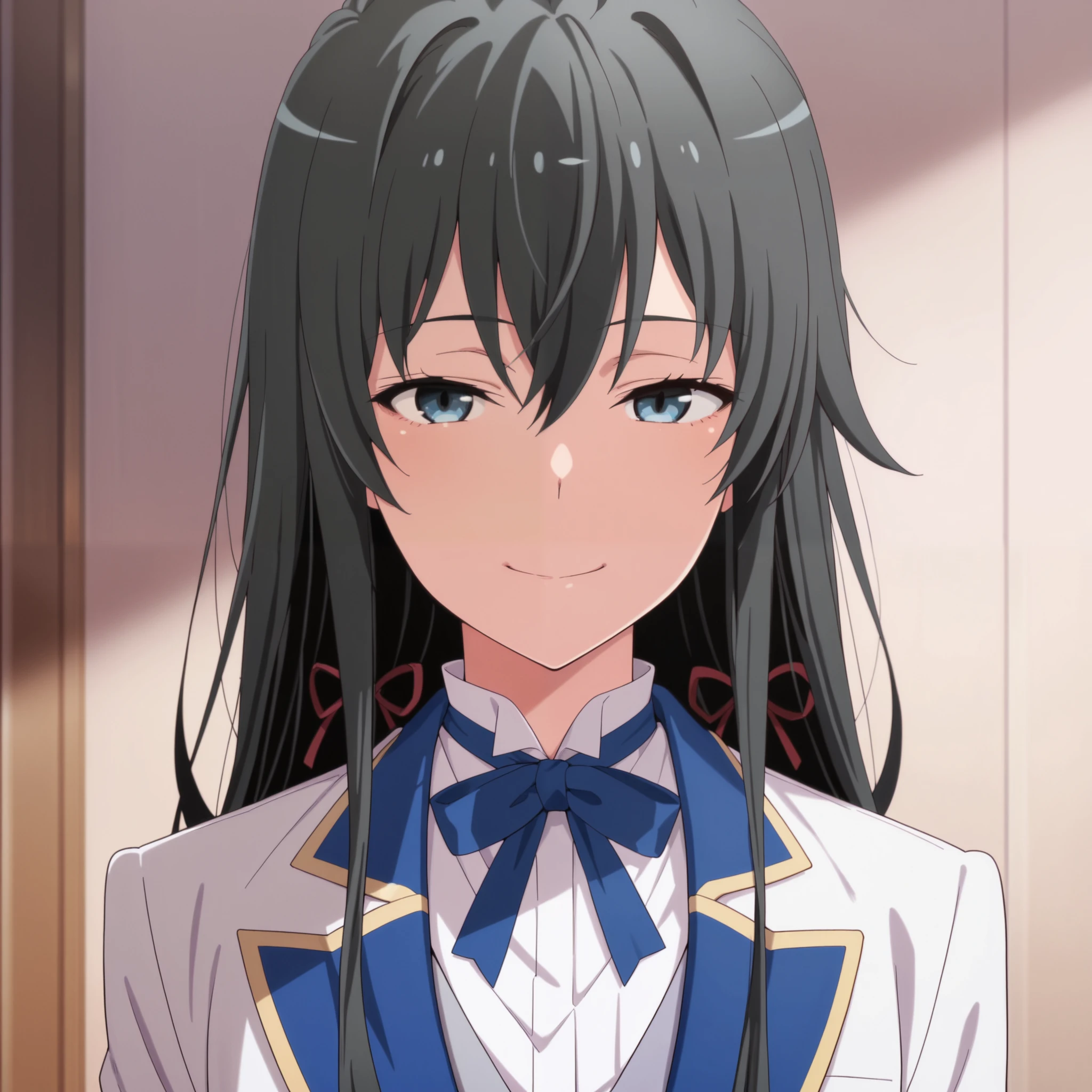 masterpiece,best quality,amazing quality, yukinoshita yukino, long hair, black hair, blue eyes, 1girl, solo,, tailored tailcoat tuxedo , , long hair, badass eyes, smile , adult female face