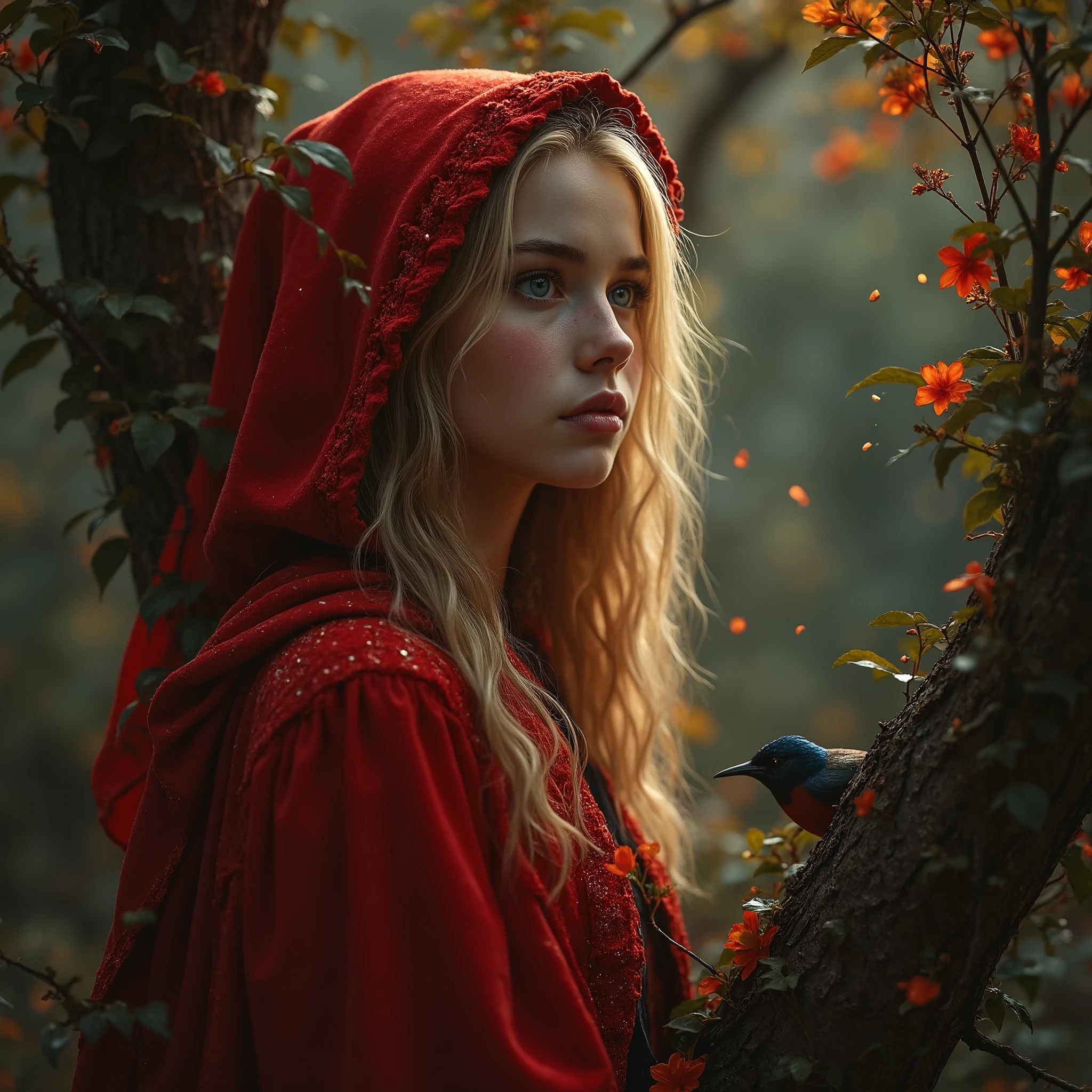 (( RAW photo), absurdo, Very pretty blonde ager enough for a story and with a sexy and mysterious touch of Little Red Riding Hood , her red costume shines as if she were a FAIRY , general plan full body ( absurd resolution)), masterpiece, envelopes ( extremely detailed 8k unit CG wallpaper), ( best illustration), ( best shade), realistic lighting , detailed and beautiful glitter ,He is tiptoeing looking at a bird's nest branch of a tree