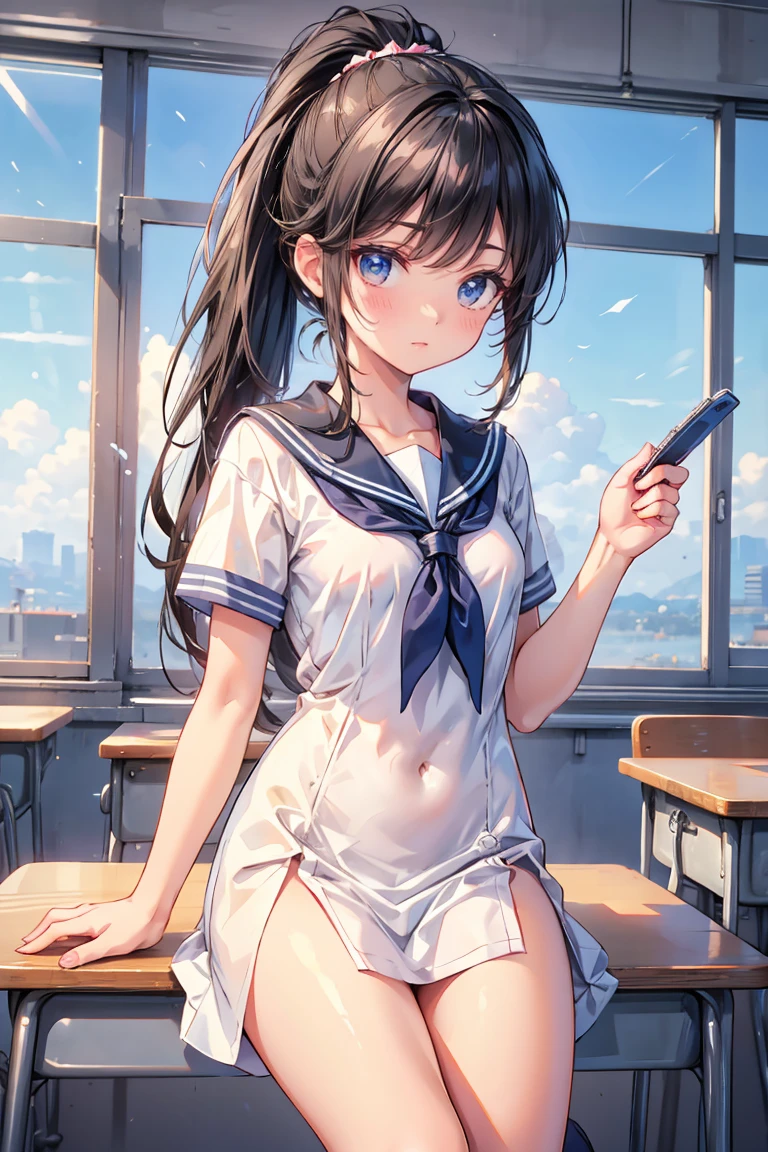 nsfw,alone, (One girl),  girl,8-year-old, ((Whie ies))wearing only the top half of sailor school uniform), Sailor with un-folded hems,  sexy, (Cowboy Shot),  ((Put your arms behind your head)), classroom, With a girl：hair is black and short, Her face is round and cute。It&#39;s below the knee。The shoes are black loafers。The girl had a surprised look on her face, Joy and emotion.、With eyes wide open, Open your mouth, Tears were reddening her cheeks, The cheeks and hands are drawn large., Black Hair, Low twin tails, (Are standing),(Shy, Embarrassing),Sit on a chair、Spread your legs、