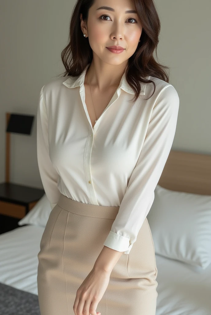 Highest quality, Masterpiece, 8K, ultra high definition, (realistic: 1.4), 1 woman, Beautiful face, symmetrical eyes, big, perfect body proportions, หน้าอกขนาดbig, Nipples visible, visible crack, The shirt reveals the chest., Thai teacher uniform, Khaki shirt and skirt set, The skirt is very short., Viewer's appearance, (Inside the classroom: 1.2), front view, shoulder jump, absolute space (1.3),