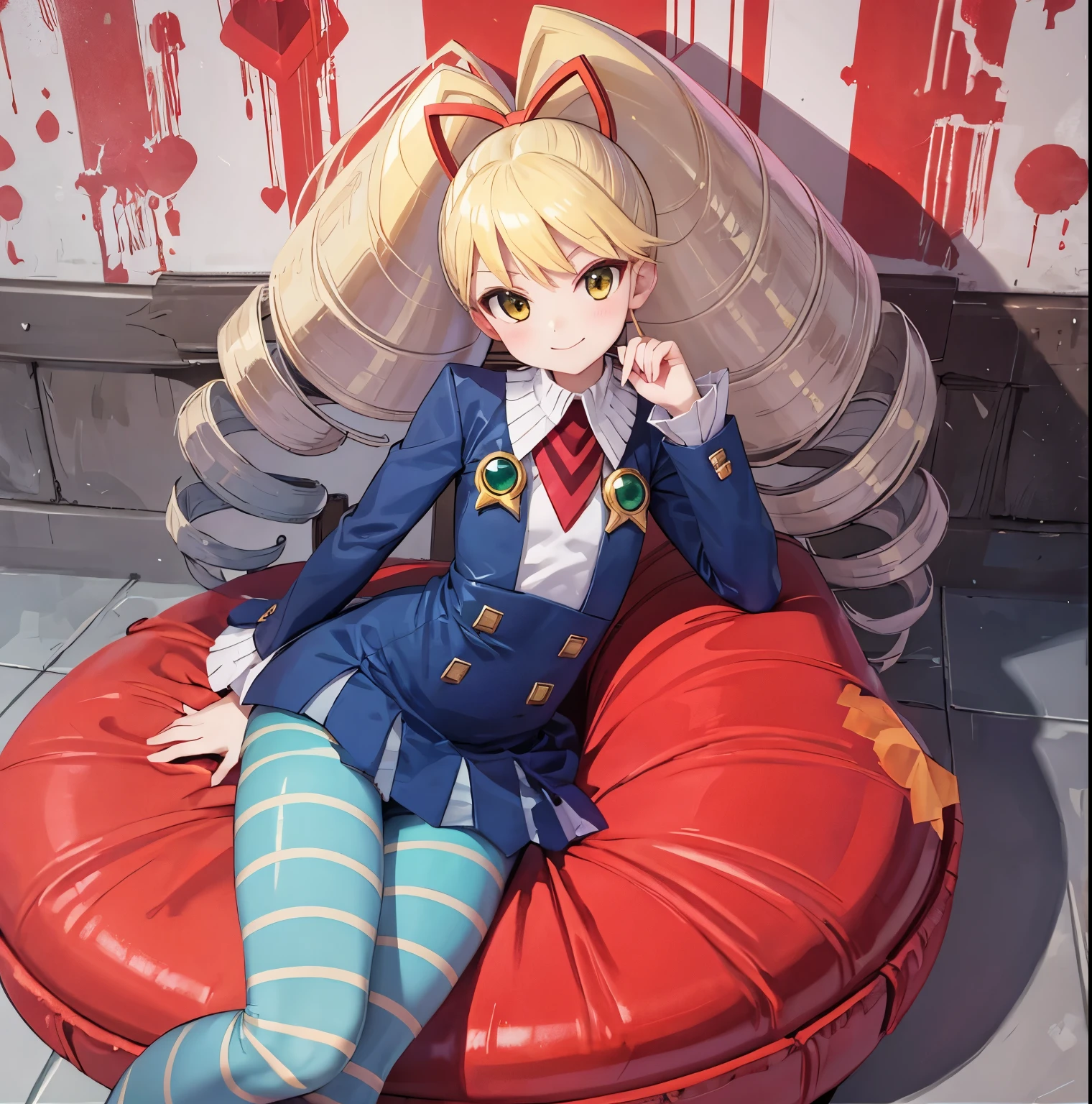 twintails,twin drills,dress,blue pantyhose,striped pantyhose,yellow hair