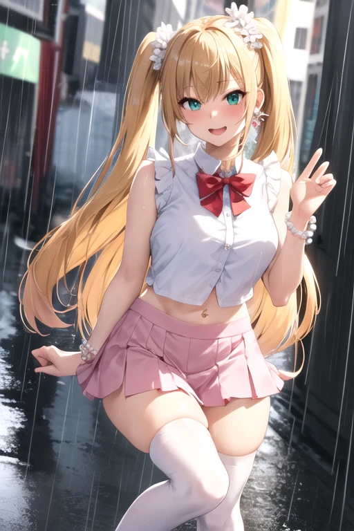 masutepiece, Best Quality, Official art, (Highly detailed CG Unity 8k wallpaper), Detailed background, (hand of Guido Daniele: 1.1), foot out of frame, One-person viewpoint, 1, Attractive and perfect beautiful woman,girl, Schoolgirl, nffsw, Schoolgirl Uniform, rainy day, Lots of rain, Windy, (Curvaceous), ( White thighs: 1.12), (Brown Long Hair: 1.12), (Ahoge (1.13), (High Ponytail: 1.12), (Green eyes: 1.13), Big, (cleavage), Beautiful face, (blush: 1.11), (Smile: 1.11