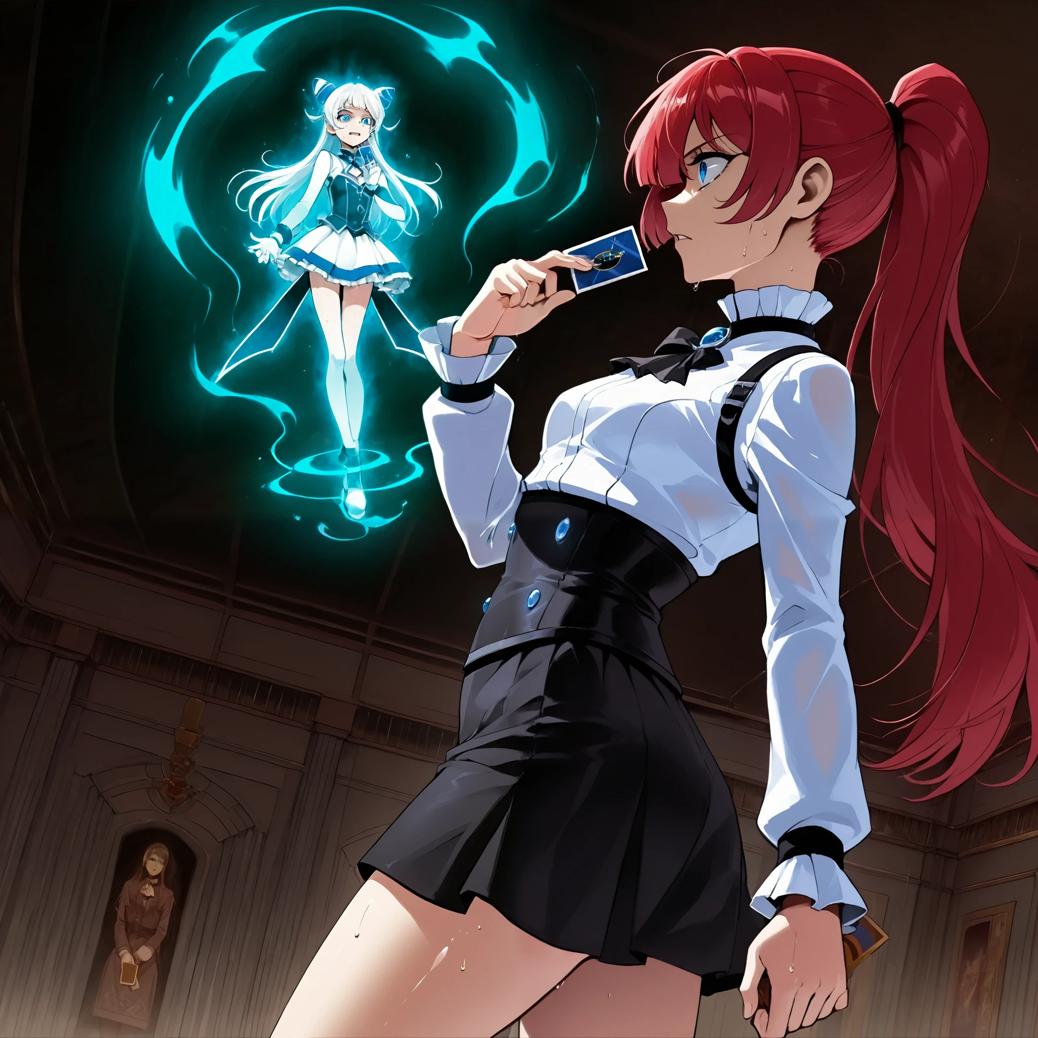 ((Museum objects)), evil spirits、((blue eyes)),blue eyes, BLUEIRIS,cowboy shot,Alone,Gothic magical girl in miniskirt and evil spirit fighting in museum, side view, profile, holding card、sweat, evil spirit, dynamic composition, active angle, low angle、Gothic 、Cards with aura、Combat Stance、inside museum at night,stable_Yogis_Animetoon _Negatives stable_Yogis_Animetoon _Negatives-neg ,Dim atmosphere