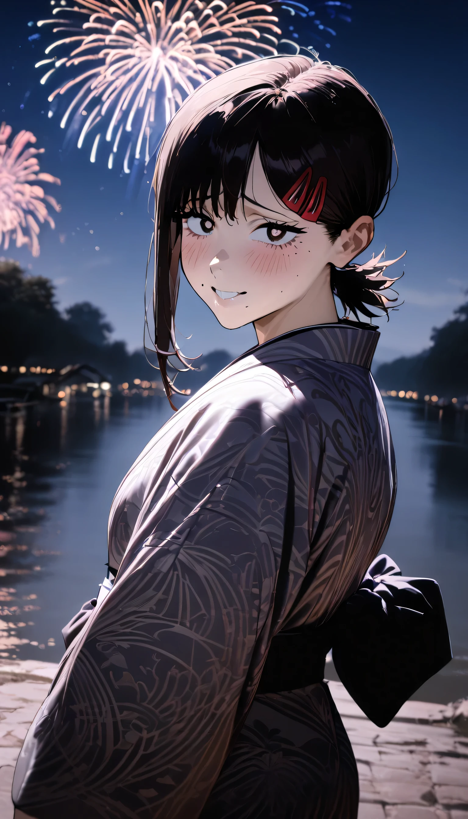 1girl, higashiyama kobeni, wearing kimono, patterned kimono, firework in background, (masterpiece), ((cinematic)), cinematic lighting, beautiful light, best quality, newest,safe, absurdres, smiling , look at viewers, turn head back, blushing, cowboy shot