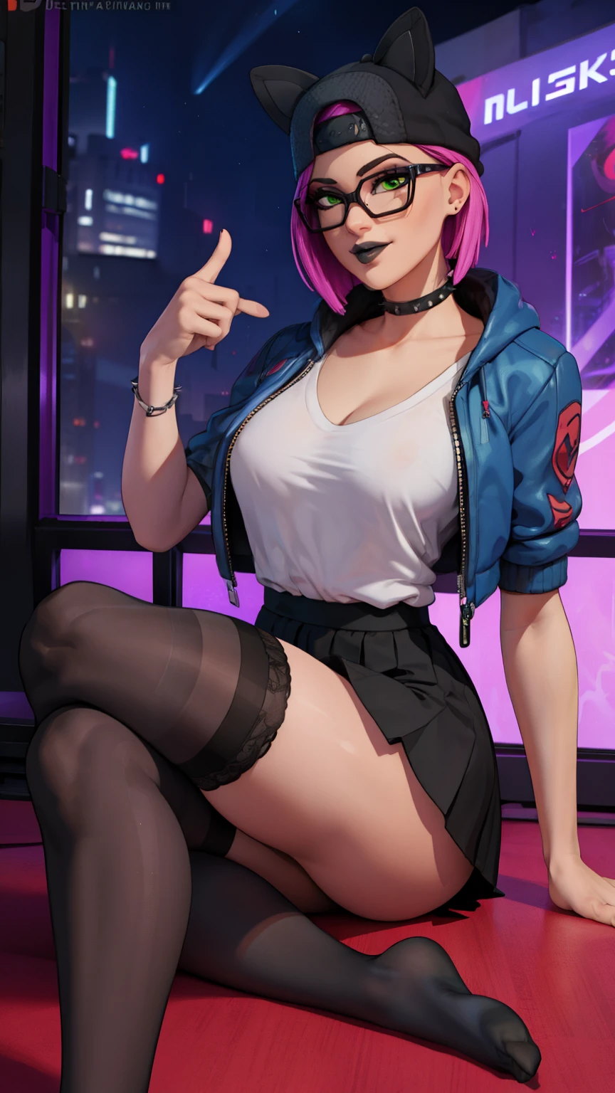 very beautiful anime girl, 17 years old, modern make-up, modern hairstyle, medium breasts, blue top, cleavage, bare stomach, visible navel, piercing, short skirt, slim legs, holds a machine gun