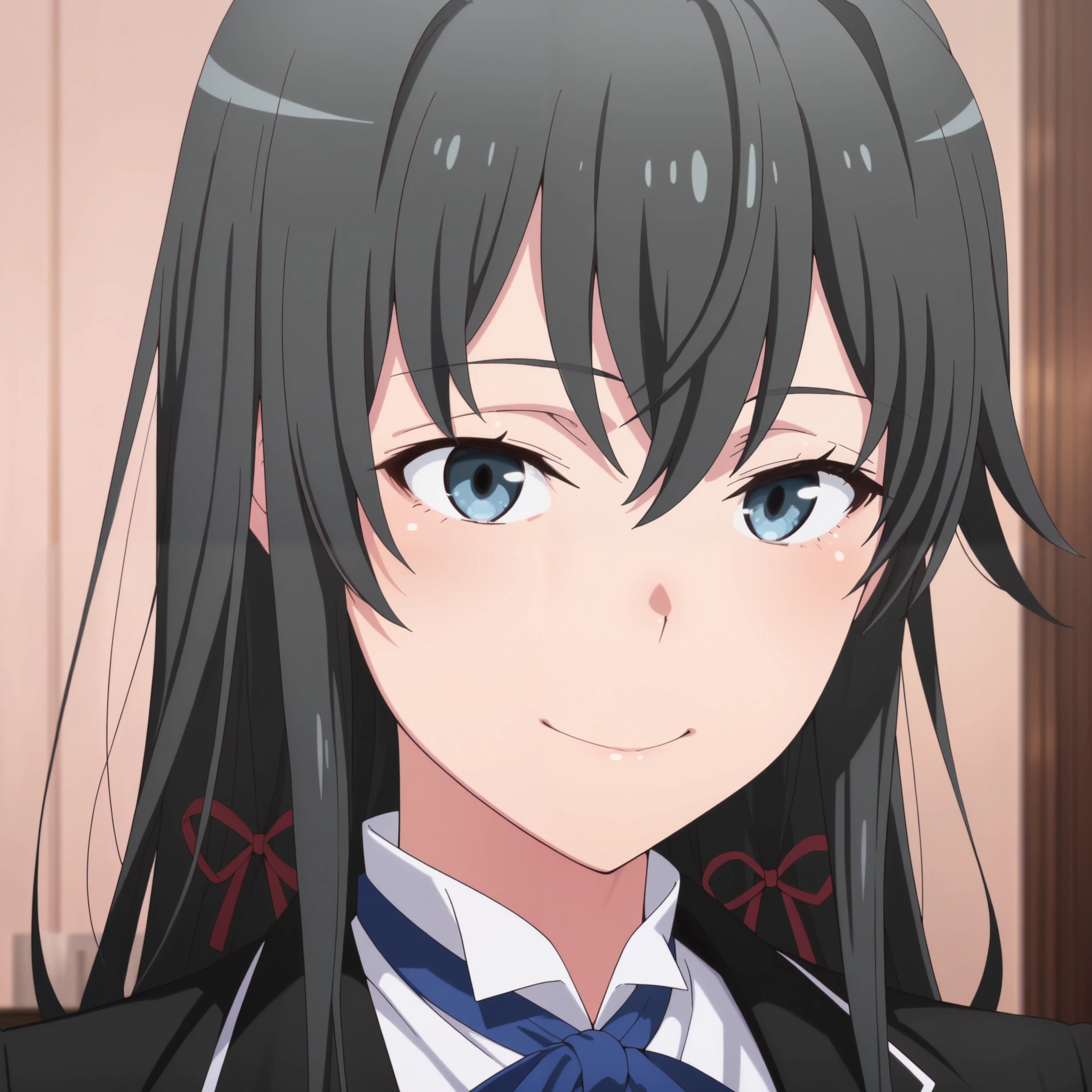 masterpiece,best quality,amazing quality, yukinoshita yukino, long hair, black hair, blue eyes, 1girl, solo,, tailored tailcoat tuxedo , , long hair, badass eyes, smile , adult female face