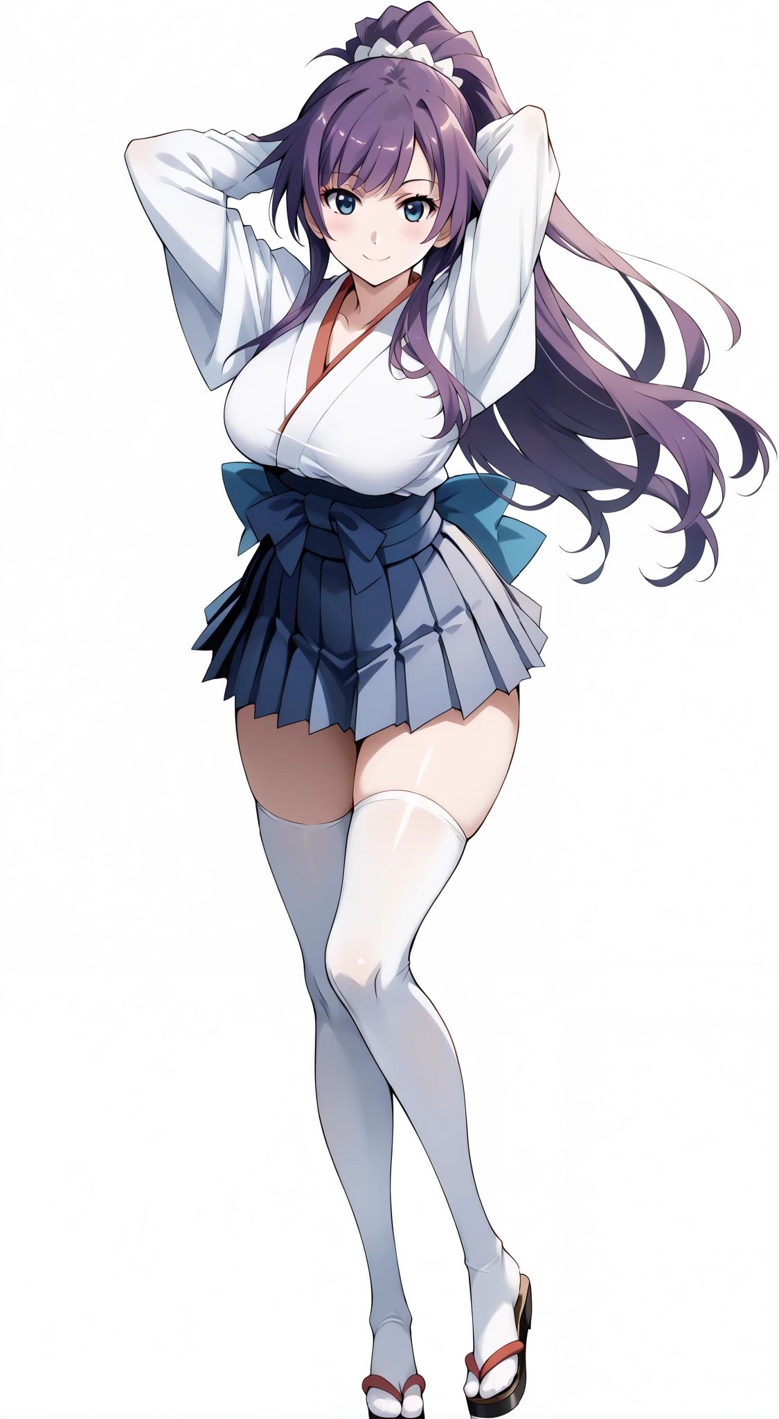 score_9, score_8_up, score_7_up, source_anime, 4K,perfect fingers,(perfect hands, perfect anatomy),prefect lighting, very aesthetic, intricate details,highly detailed background, masterpiece, high quality, best quality,
1girl, hitagisenjougahara, hitagi senjougahara, long hair, bangs, ponytail, sidelocks, scrunchie, blue eyes, purple hair,Large Breast,
wearing (( japanese clothes, white thighhighs,haori,pleated skirt, chest sarashi,long sleeves, )),,
looking at the spectator, filed, (arms behind head:1.5), high thigh individual , (large breasts:0.9),Stand up,((fullbody:1.5)),((White plain background:1.5)) ,((Seductive smile)),((top view:1.5)),leaning forward:1.3,looking at viewer,focos ass