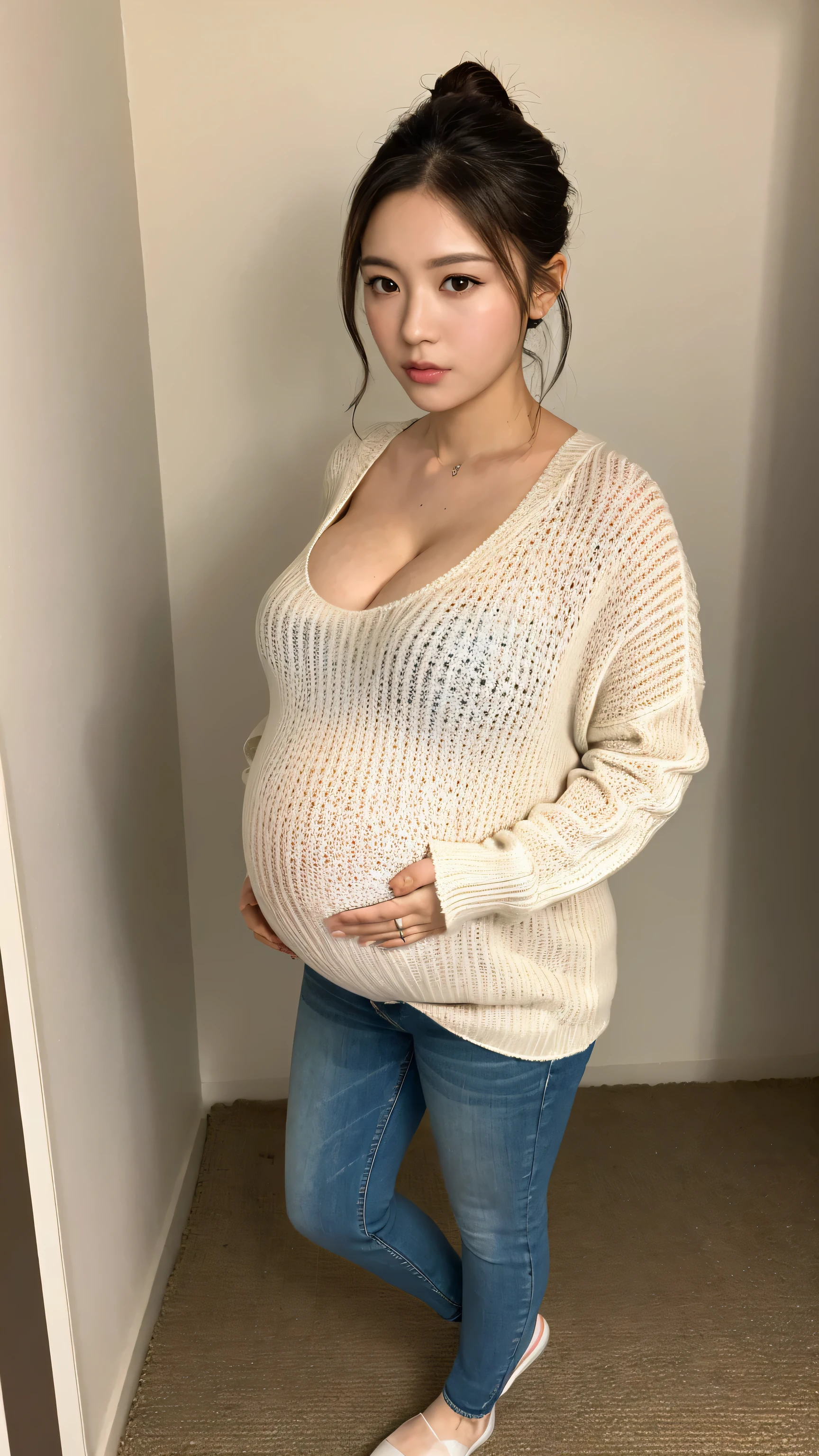 Best-quality, Masterpiece, (naked), Ultra-High-Resolution, (Photorealistic:1.4), Raw-Photo, Extremely-Details, Perfect-Anatomy, 1girl, the most famous Japanese actress, cowboy-shot, upturned hip, looking at viewer, beautiful smile, wearing thin only very tight and long-sleeve colorful knit-dress with cute design, detailed extremely beautiful face like a most popular Korean actress, detailed extremely beautiful big black solid circle eyes, detailed extremely beautiful hair, detailed extremely beautiful realistic skins, detailed extremely beautiful hip, detailed extremely beautiful small breasts, ((huge pregnant)), detailed extremely beautiful body, detailed extremely beautiful thighs, detailed very tight and long-sleeve colorful knit-dress with cute design