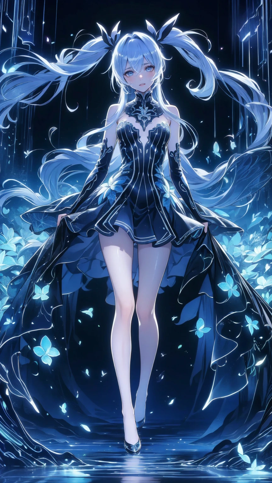 blue hair, god,Blue Dragon Horn,,The body has green dragon scales,small dress,Blue Dragon Tail,thigh,barefoot,Standing,ocean