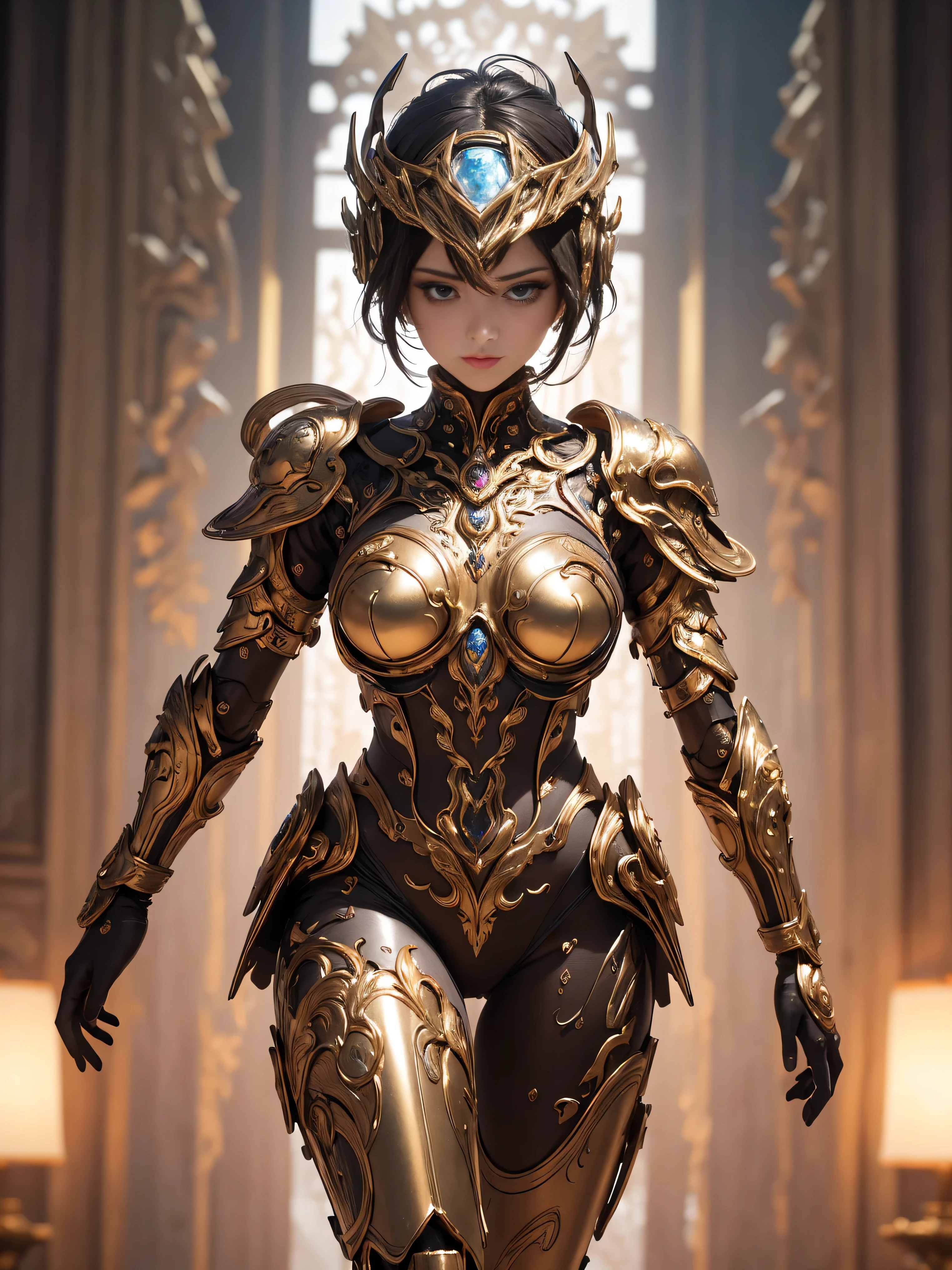 (( (tmasterpiece)，（Very detailed CG Unity 8K wallpaper），best qualtiy，cinmatic lighting，细致背景，beatiful detailed eyes，Bright pupils，（Very fine and beautiful），（Beautiful and detailed eyes description），ultra - detailed，tmasterpiece，hight resolution)), Curly, (Rose gold armor:1.4), Richly decorated armor, a beautiful woman warrior, (a pixie cut:1.4, Platinum Blonde Hair), cleavage of the breast