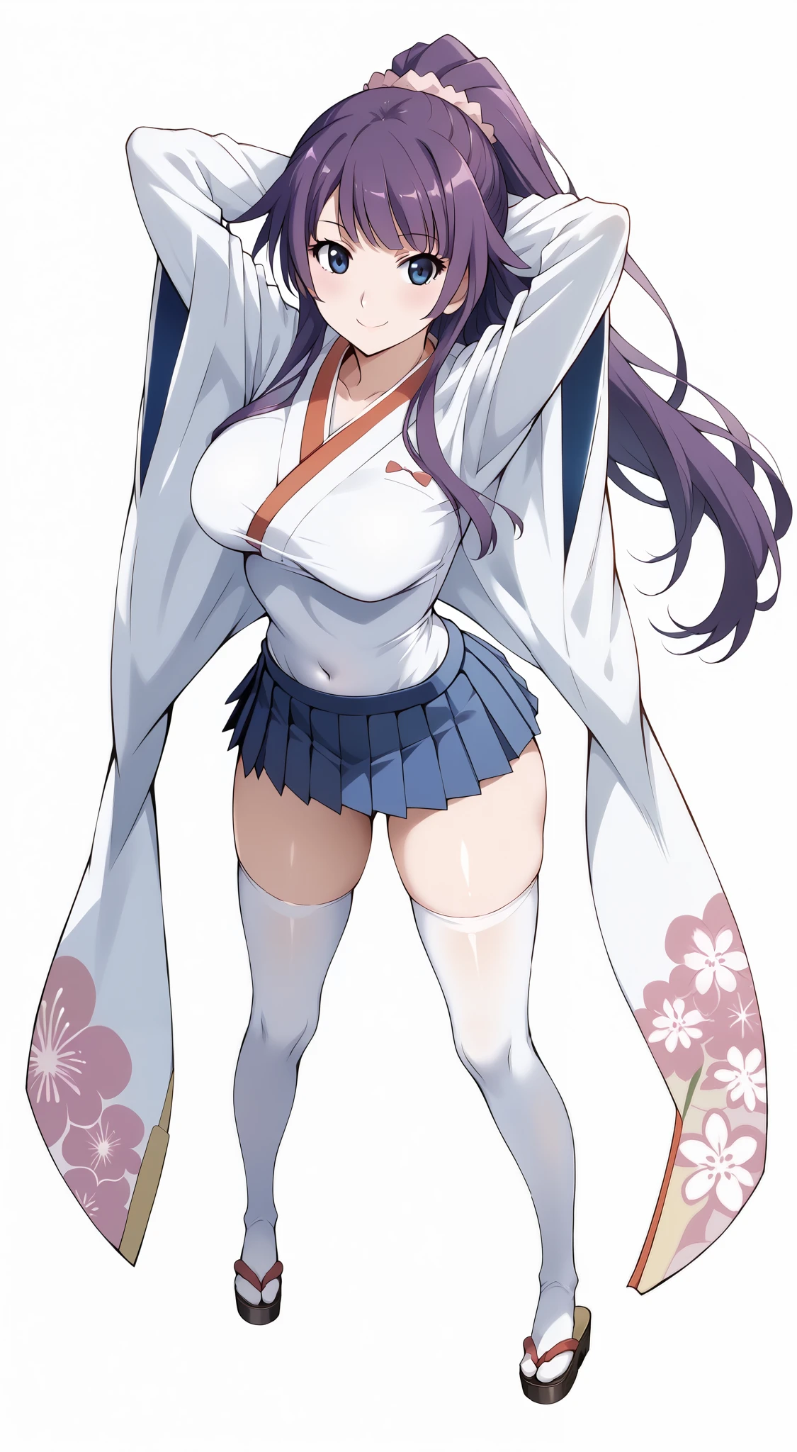 score_9, score_8_up, score_7_up, source_anime, 4K,perfect fingers,(perfect hands, perfect anatomy),prefect lighting, very aesthetic, intricate details,highly detailed background, masterpiece, high quality, best quality,
1girl, hitagisenjougahara, hitagi senjougahara, long hair, bangs, ponytail, sidelocks, scrunchie, blue eyes, purple hair,Large Breast,
wearing (( japanese clothes, white thighhighs,haori,pleated skirt, chest sarashi,long sleeves,covered navel, )),,
looking at the spectator, filed, (arms behind head:1.5), high thigh individual , (large breasts:0.9),Stand up,((fullbody:1.5)),((White plain background:1.5)) ,((Seductive smile)),((top view:1.5)),leaning forward:1.3,looking at viewer,focos ass