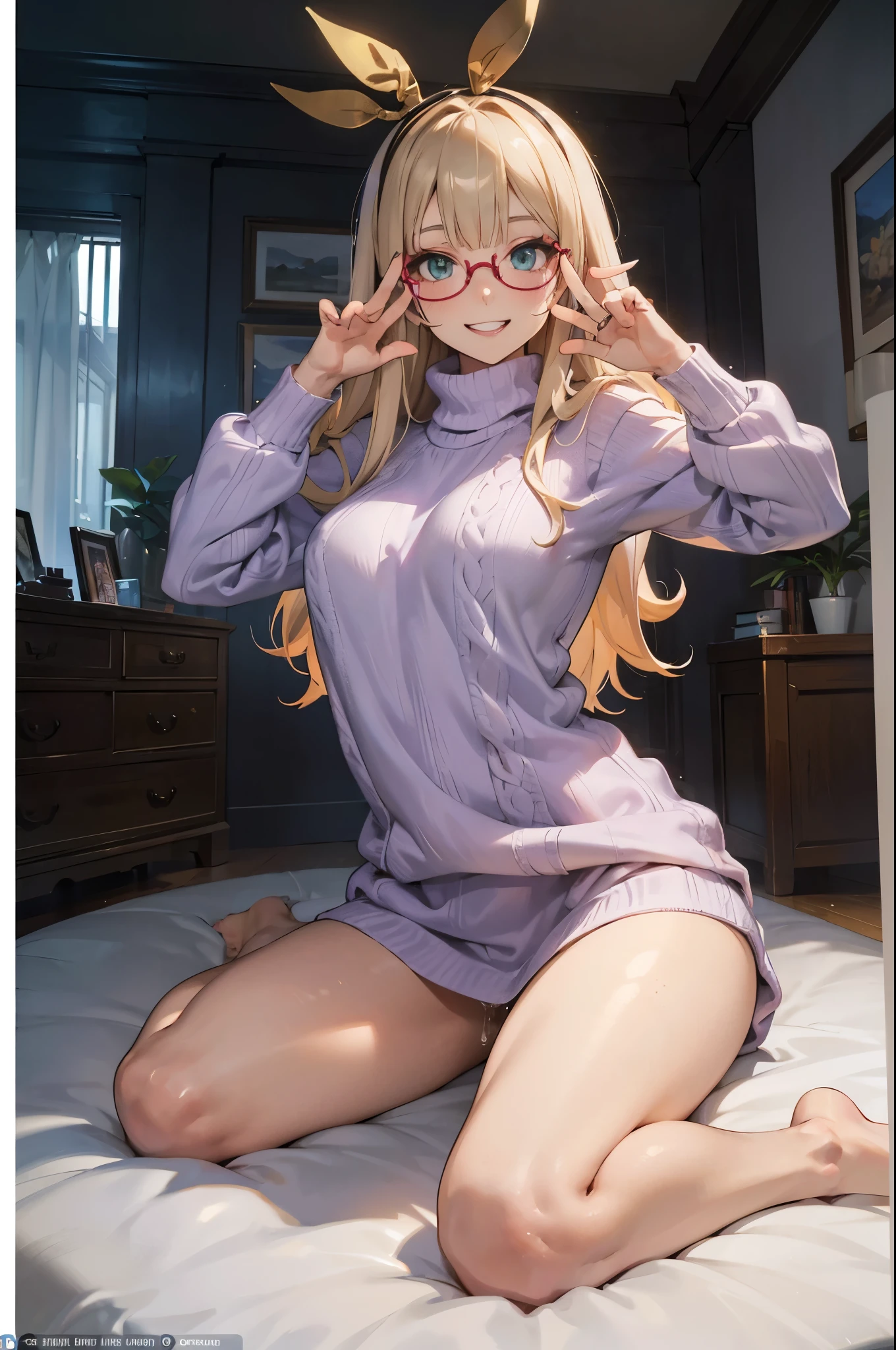 1 kawaii gamer girl, nsfw, japanese girl, solo, bright aqua eyes, glasses, eyelids, blush, seductive smile with parted lips , naughty expression, red lips, hair bangs, smooth long hair, blonde hair, pink ribbon hairband, heart earings, collar, collarbone, sexy body, lie down on bed, spread legs, slim waist, navel,  flat chest, sexy, naked, erotic pose, looking at viewer, outdoors environment , breasts and genitalia exposed, full body