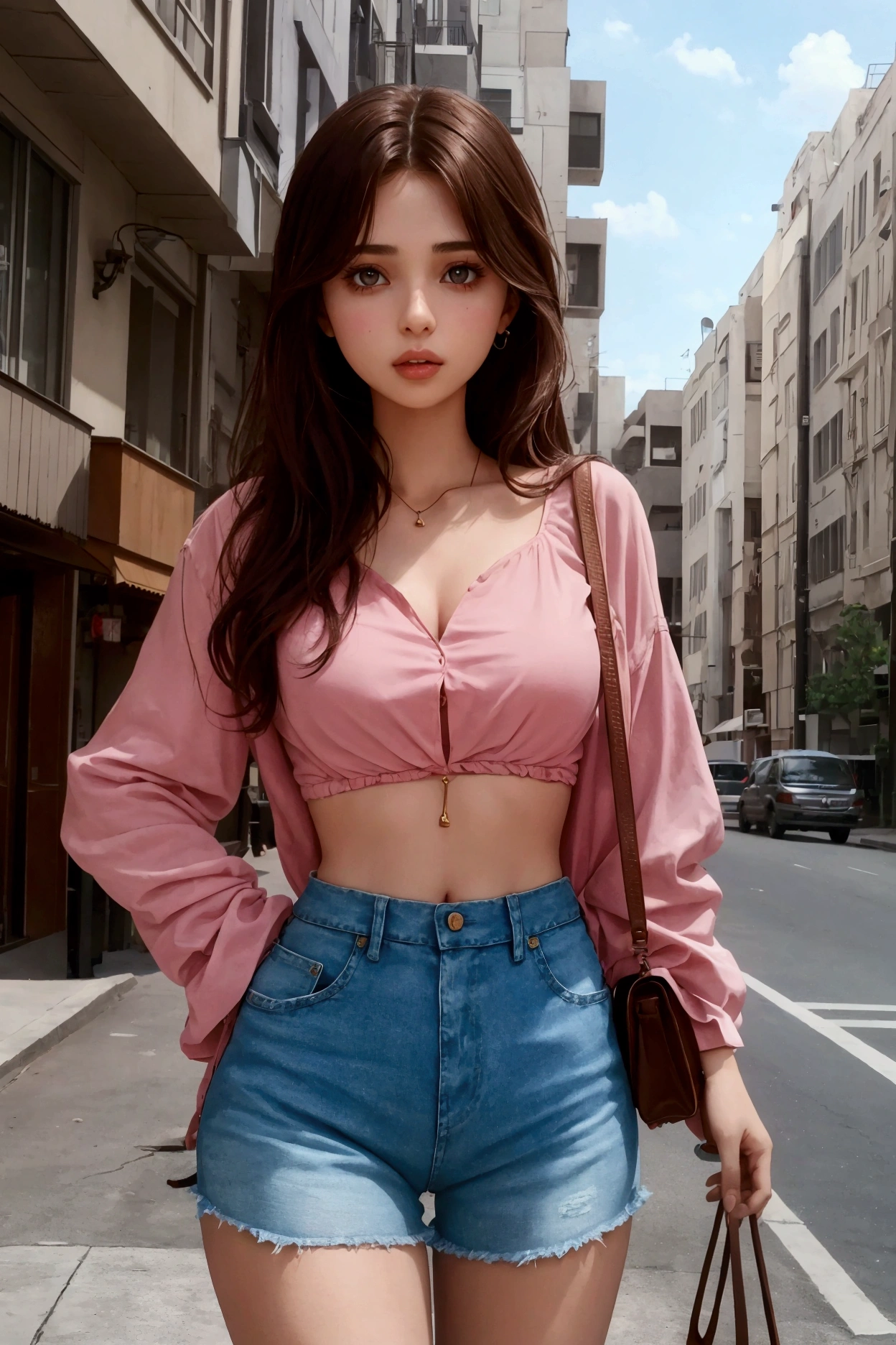 An Arab woman in a pink blouse and denim shorts stands in front of a building, brown hair and a perfect body, as a girl in street clothes , beautiful body and face, perfect body, torso plano, Portrait of Sophie Mudd , sweet young girl , sexy girl, 2, girl model, sexy girl wearing shorts, perfect body and face, pretty young lady