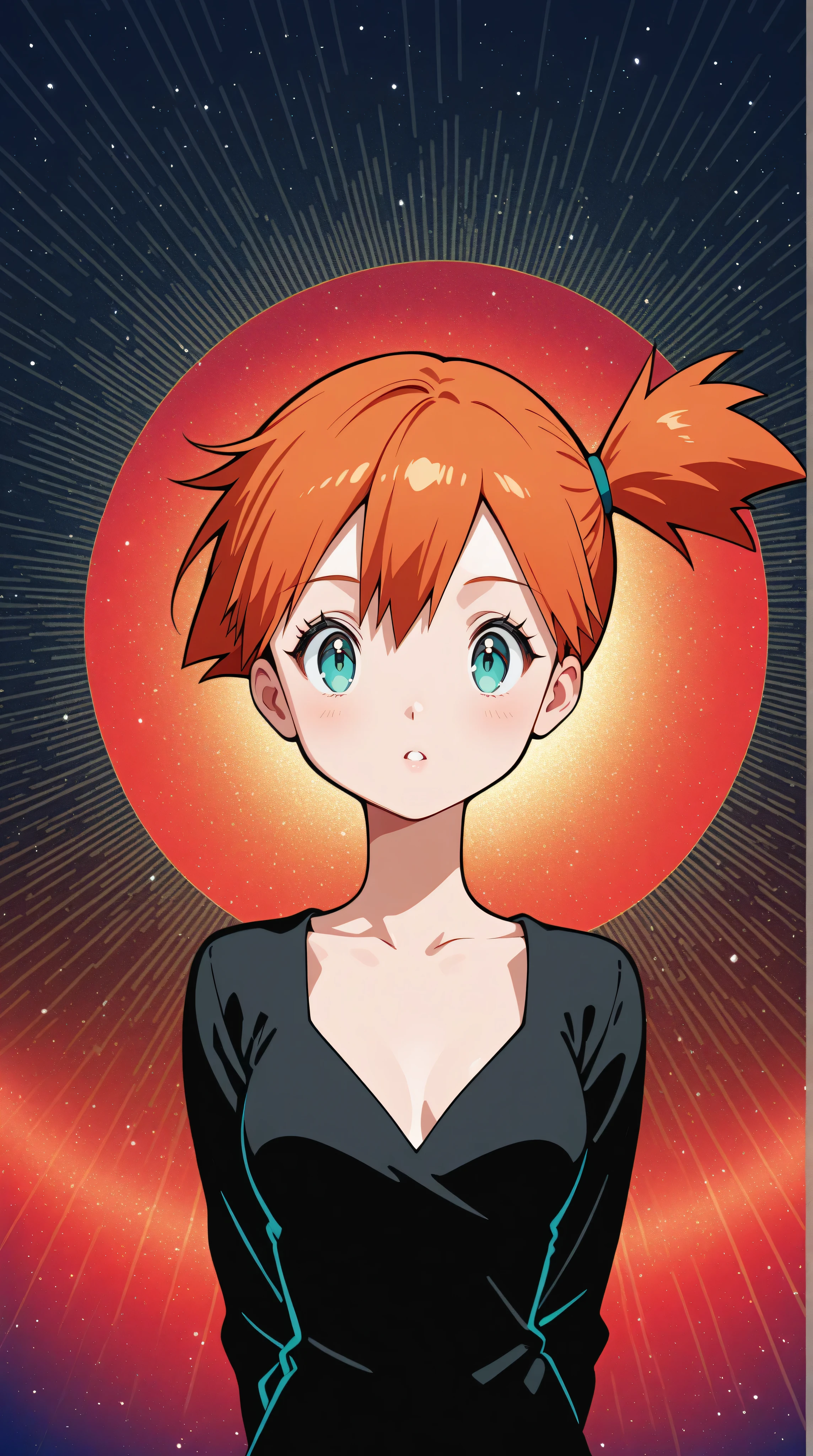 absurdres,highres,ultra detailed,ultra-detailed background,detailed background,extremly detailed, misty from pokemon, side ponytail, aqua eyes, red hair, bunch of flowers,(zentangle:1.2),(geometric:1.2) black and white color palette, monochromatic, big breasts , cleavage, plunging neckline, realistic depiction, arms behind back, kaleidoscopic, multidimensional, ethereal glow, captivating uniqueness, surreal juxtapositions, visual symphony, unforgettable visual narrative, edgy, mathematical, simple-shaped vectors, highly modern, stylistic, polygonal abstraction, vector art, bold lines, minimalist color scheme, digital art, abstract geometry