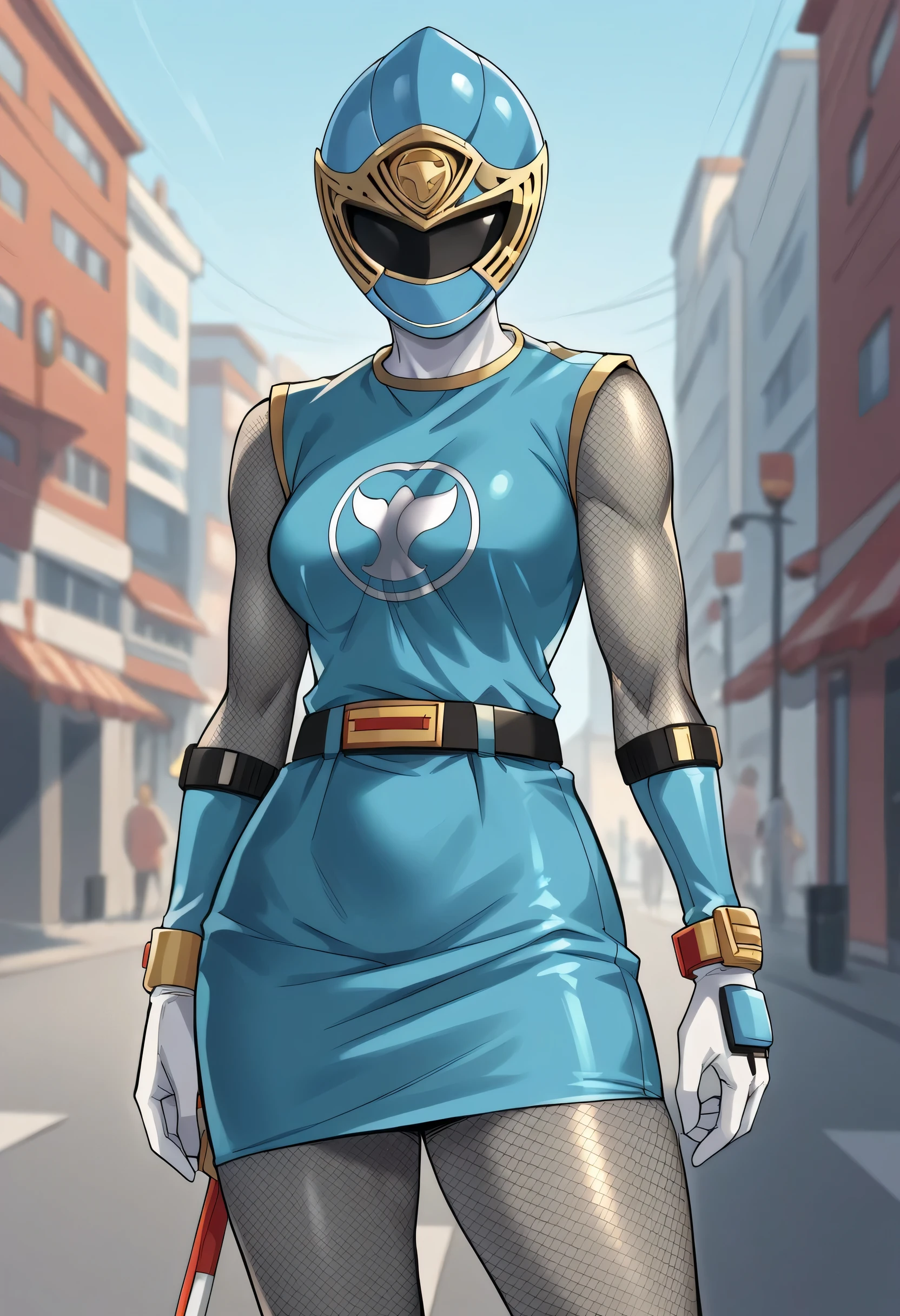 1girl, solo, super sentai, ninja, short dress, sleeveless, fishnets, Fishnet Pantyhose, fishnet armwear, skirt, belt, gloves, helmet, visor, outdoors, city score_9, score_8_up, score_7_up, score_6_up, score_5_up, score_4_up, BREAK source_anime, masterpiece, glory, aura