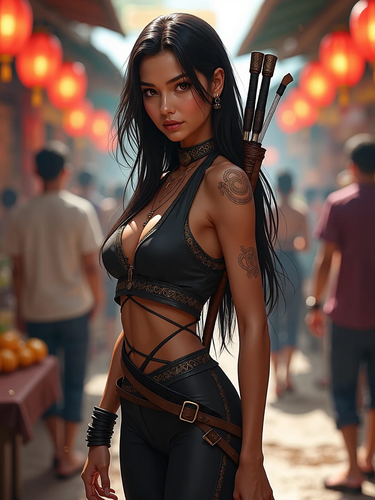 CitraFar,  crop top, tattoo, midriff, navel, jewelry, tribal clothes, miniskirt, long dreads, ponytail, looking at viewer, serious, smiling,
hand on hip,standing, stone temple, torch, extreme detail, hdr, beautiful detail, masterpiece, <lora:CitraFar:.7>