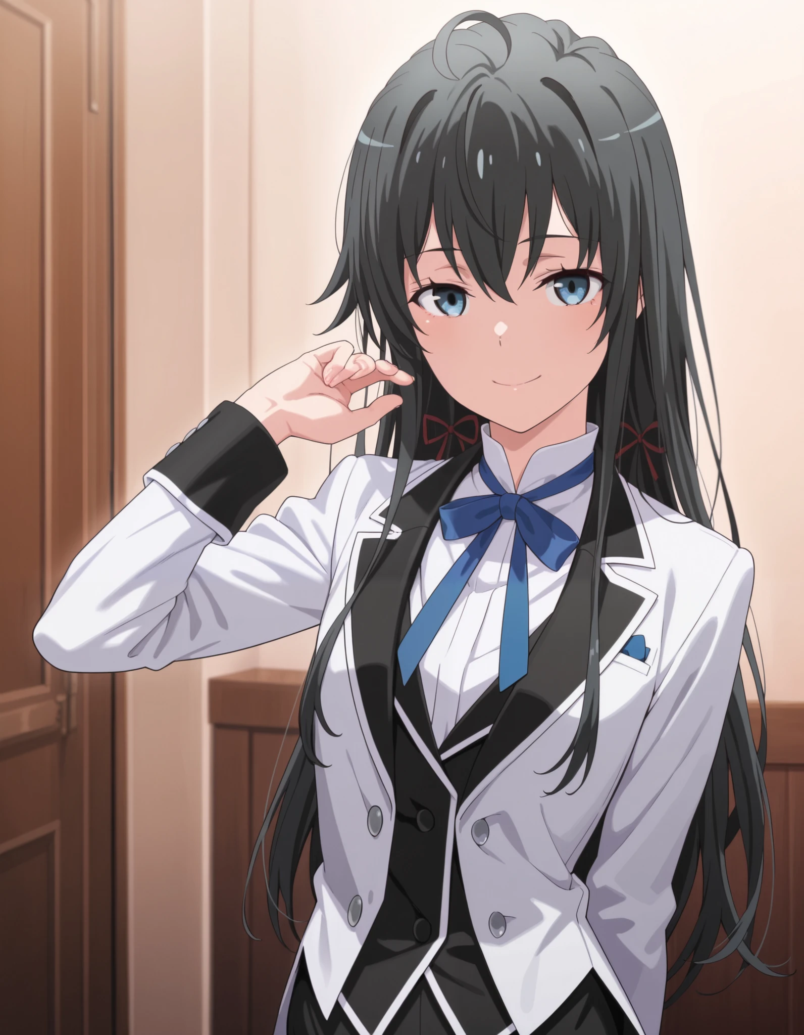 masterpiece,best quality,amazing quality, yukinoshita yukino, long hair, black hair, blue eyes, 1girl, solo,, tailored tailcoat tuxedo , , long hair, badass eyes, smile , adult female face