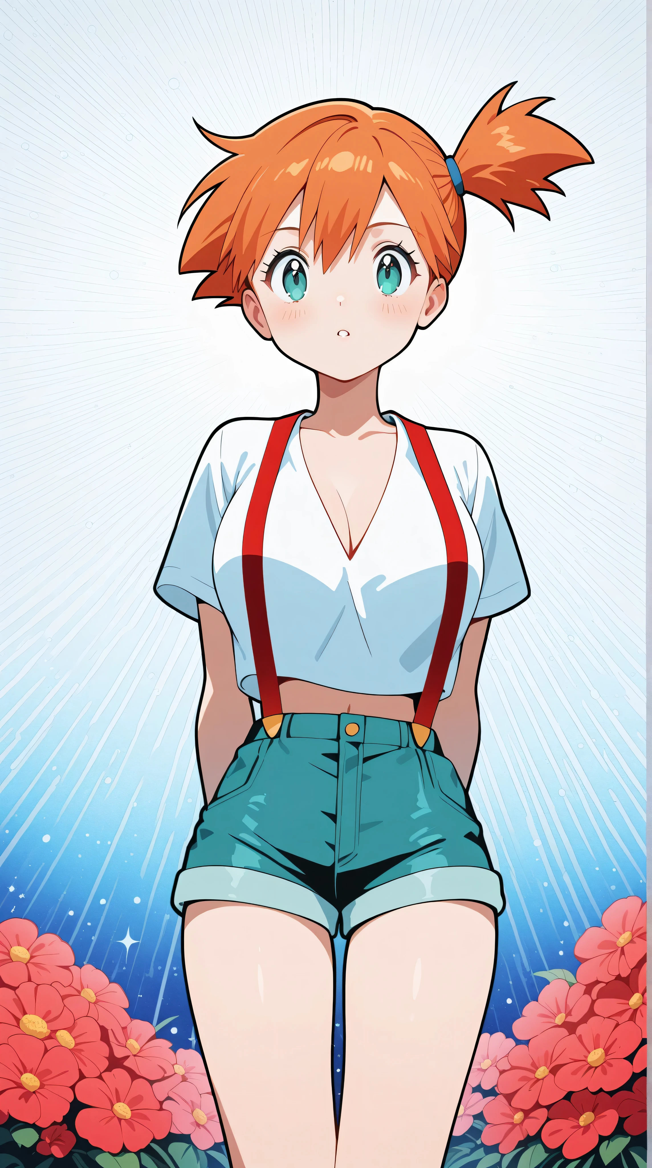 absurdres,highres,ultra detailed,ultra-detailed background,detailed background,extremly detailed, misty from pokemon, side ponytail, aqua eyes, red hair, bunch of flowers,(zentangle:1.2),(geometric:1.2) black and white color palette, monochromatic, big breasts , cleavage, plunging neckline, realistic depiction, arms behind back, kaleidoscopic, multidimensional, ethereal glow, captivating uniqueness, surreal juxtapositions, visual symphony, unforgettable visual narrative, edgy, mathematical, simple-shaped vectors, highly modern, stylistic, polygonal abstraction, vector art, bold lines, minimalist color scheme, digital art, abstract geometry, big breasts, cropped tee, red suspenders,
