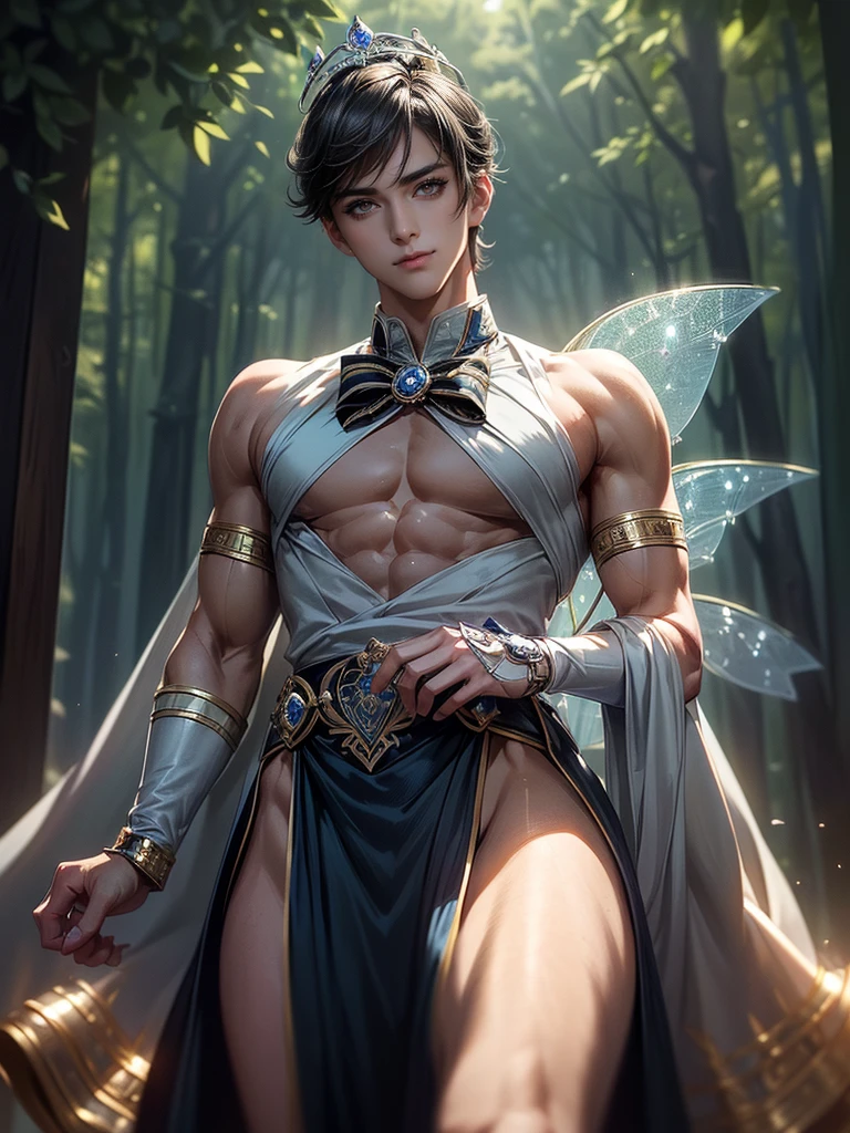 1boy, male, teen, innocent face, cute face, youthful face, tanned skin, tan skin, golden eyes, fairy, fairy wings, golden fairy wings, gold fairy wings, yellow fairy wings, brown hair, dark brown hair, long hair, glowing neon hair streaks, braided hair, thin body, short, sexy, skimpy, loincloth, blacksmith, technomancer, cybernetic body, forge hammer