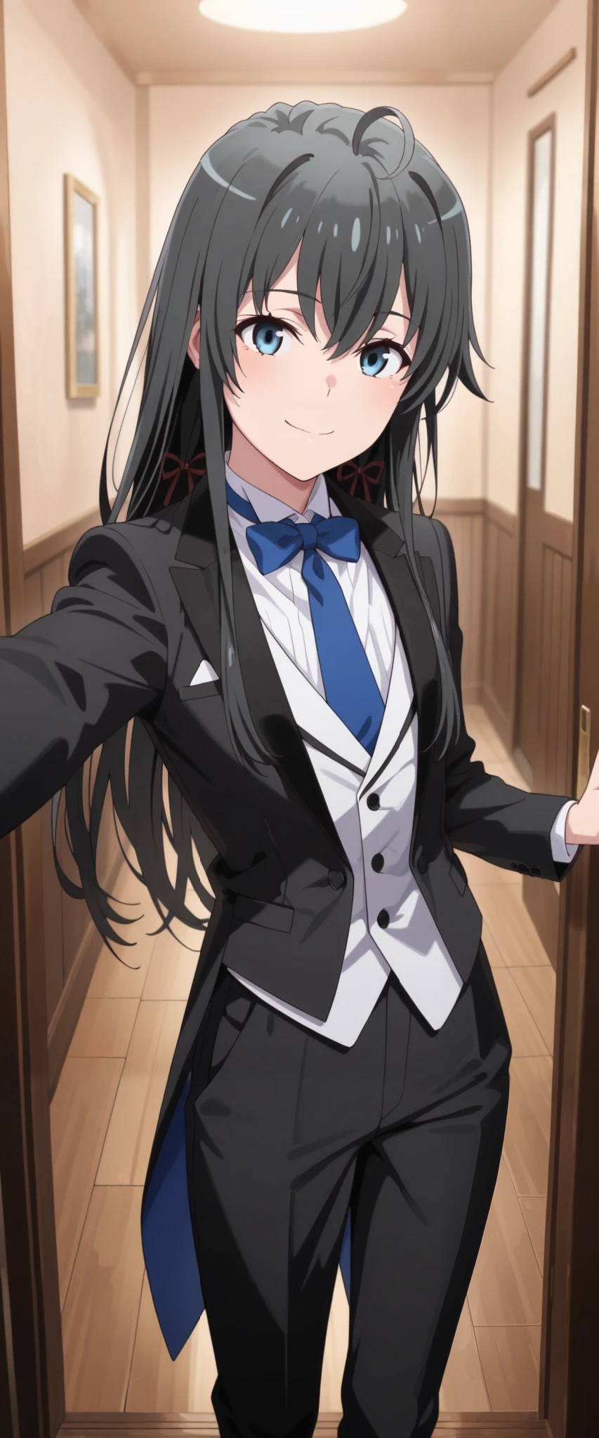 masterpiece,best quality,amazing quality, yukinoshita yukino, long hair, black hair, blue eyes, 1girl, solo,, suit tuxedo , , long hair, bangs, sidelocks, indoors, standing,happy,smile,looking at viewer, cowboy shot, blue tie woman in formal attractive suit tuxedo tailcoat standing in a large alcove in the room, reaching at viewer, badass ,