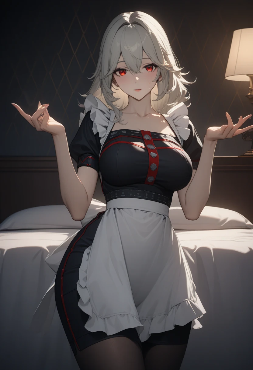 (masterpiece、top-quality、hight resolution、Unity 8k Wallpaper、extremely details CG:1), In a dimly lit hotel room, a man sits on the edge of the bed, looking shocked and uncomfortable. Standing in front of him is a woman dressed as an escort, who he quickly recognizes as the delinquent girl who used to bully him in school. Her expression is a mix of surprise and amusement as she realizes who he is. She stands with one hand on her hip and a teasing smile on her face, clearly enjoying his discomfort. The room is simple, with a bed, nightstand, and dim lighting, creating an intimate yet tense atmosphere. The focus is on their facial expressions and body language, highlighting the awkward and unexpected reunion. nsfw