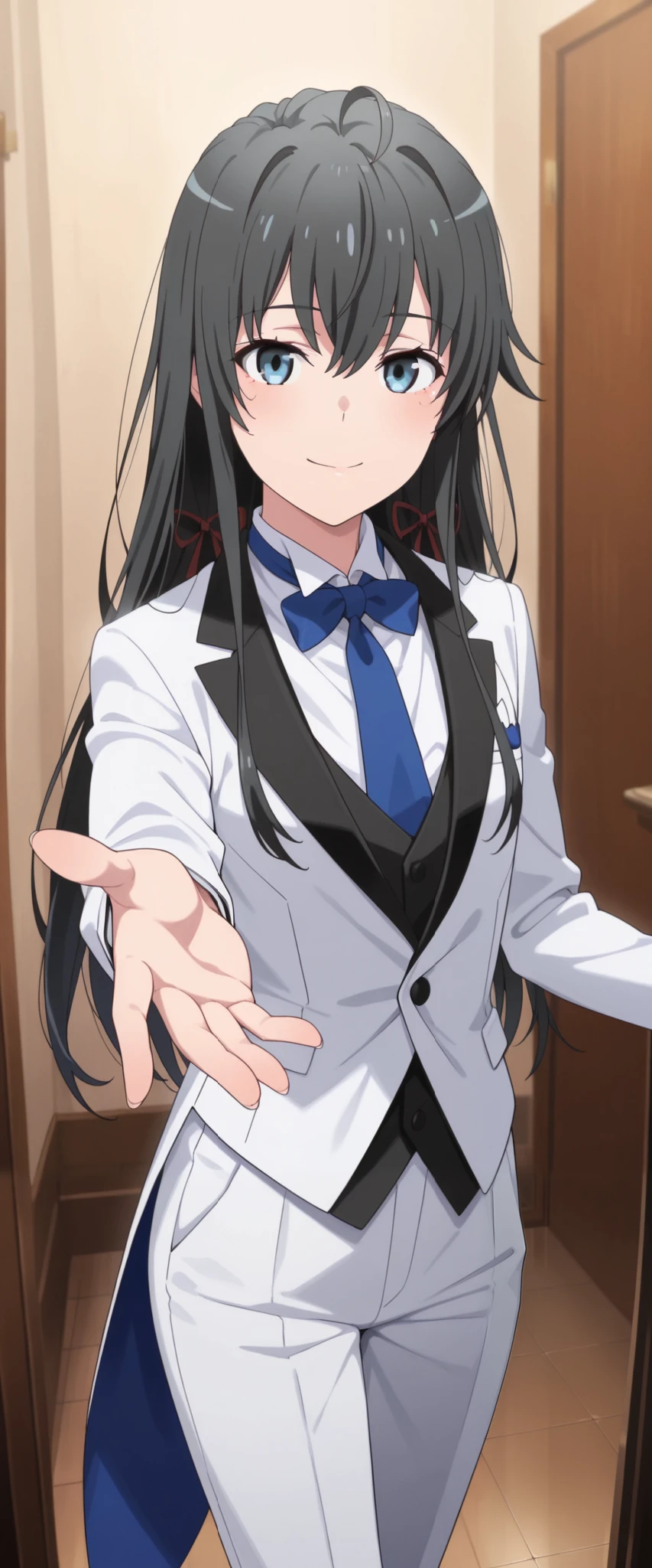 masterpiece,best quality,amazing quality, yukinoshita yukino, long hair, black hair, blue eyes, 1girl, solo,, suit tuxedo , , long hair, bangs, sidelocks, indoors, standing,happy,smile,looking at viewer, cowboy shot, blue tie woman in formal attractive suit tuxedo tailcoat standing in a large alcove in the room, reaching at viewer, badass ,