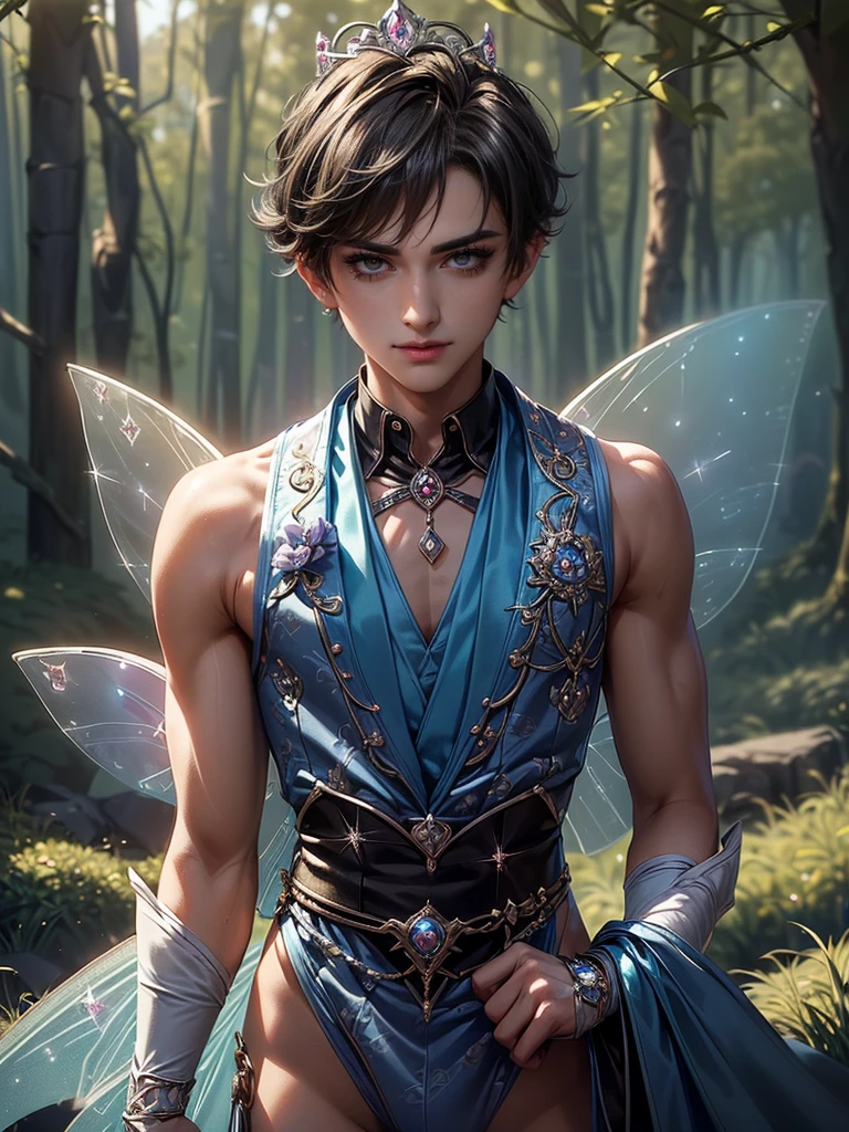 1boy, young male, , fairy, innocent face, cute face, youthful face, tanned skin, tribal, tribal tattoo, black eyes, fairy wings, black fairy wings, long hair, undercut, hair half shaved, purple hair, thin body, muscular, short, sexy, skimpy, jockstrap, shadow magic, light magic, shadow energy, light energy, necromancer, monk, monk outfit