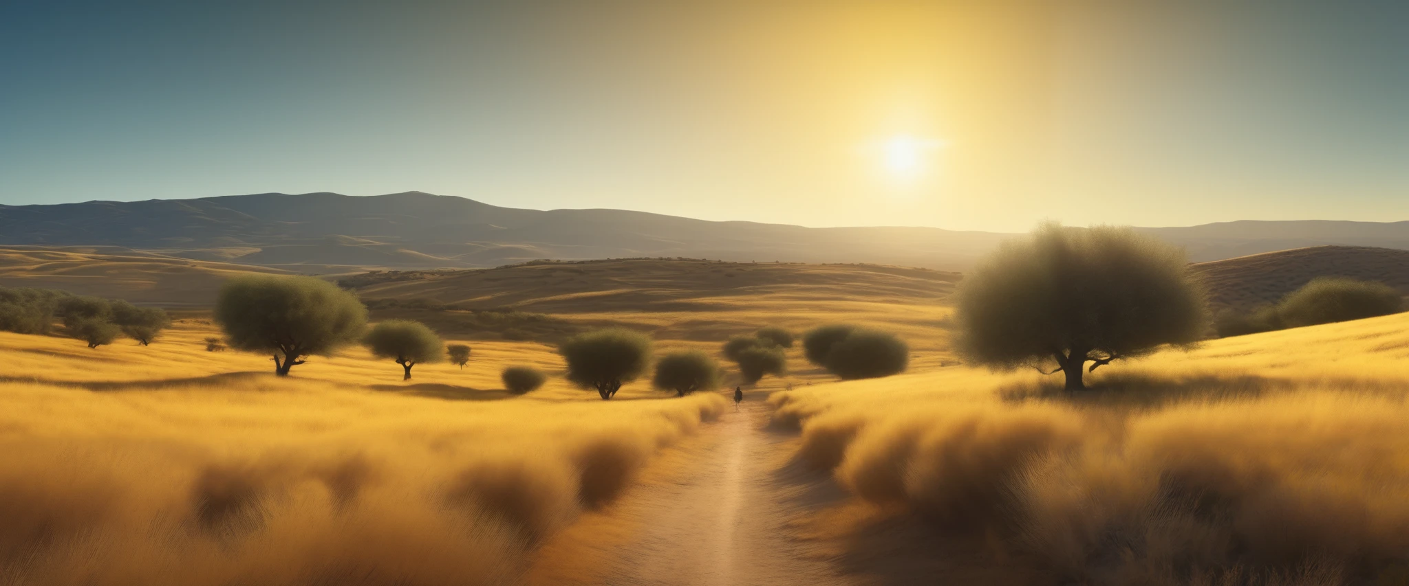 Cinematic still, filmed by Alfonso Cuar\u00f3n, wide-shot, wide fields of yellow tallgrass, hills in the horizon, dirt path, clear blue sky, shining sun, some rare olive trees in the distance, otherworldly, uninhabited, dawn time, CyberRealistic style