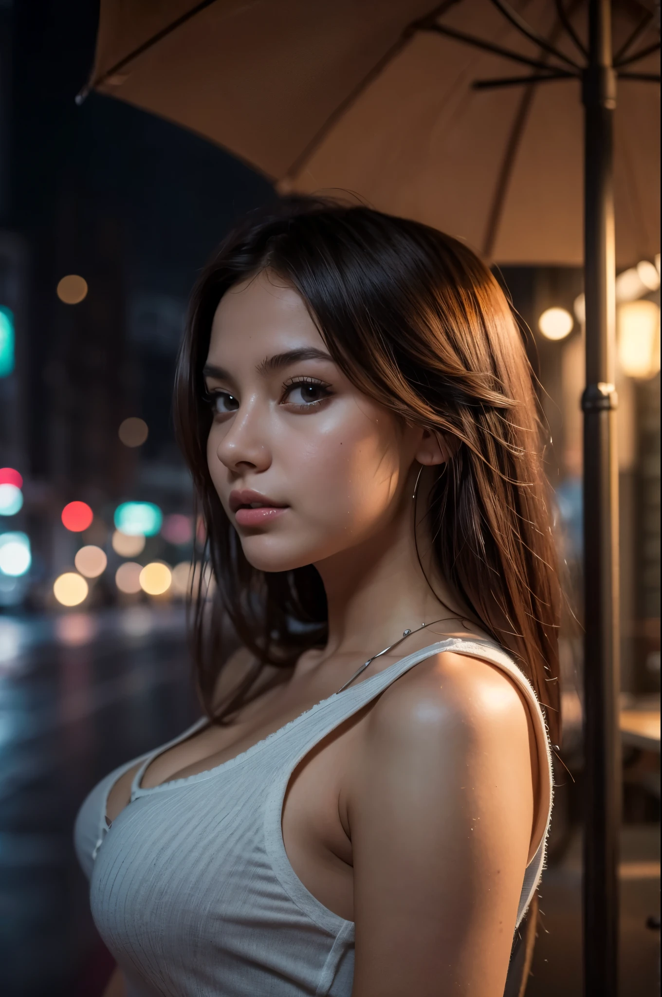cuerpo delgado、chica alta y hermosa、Pechos redondos muy grandes, mini pantalones cortos, translucent cap, cara de bebe, cintura de avispa. Rasgos latinos. Muslos separados. Sensual, muy joven, en la ciudad, Noche, iPhone camera. Sentada, triste