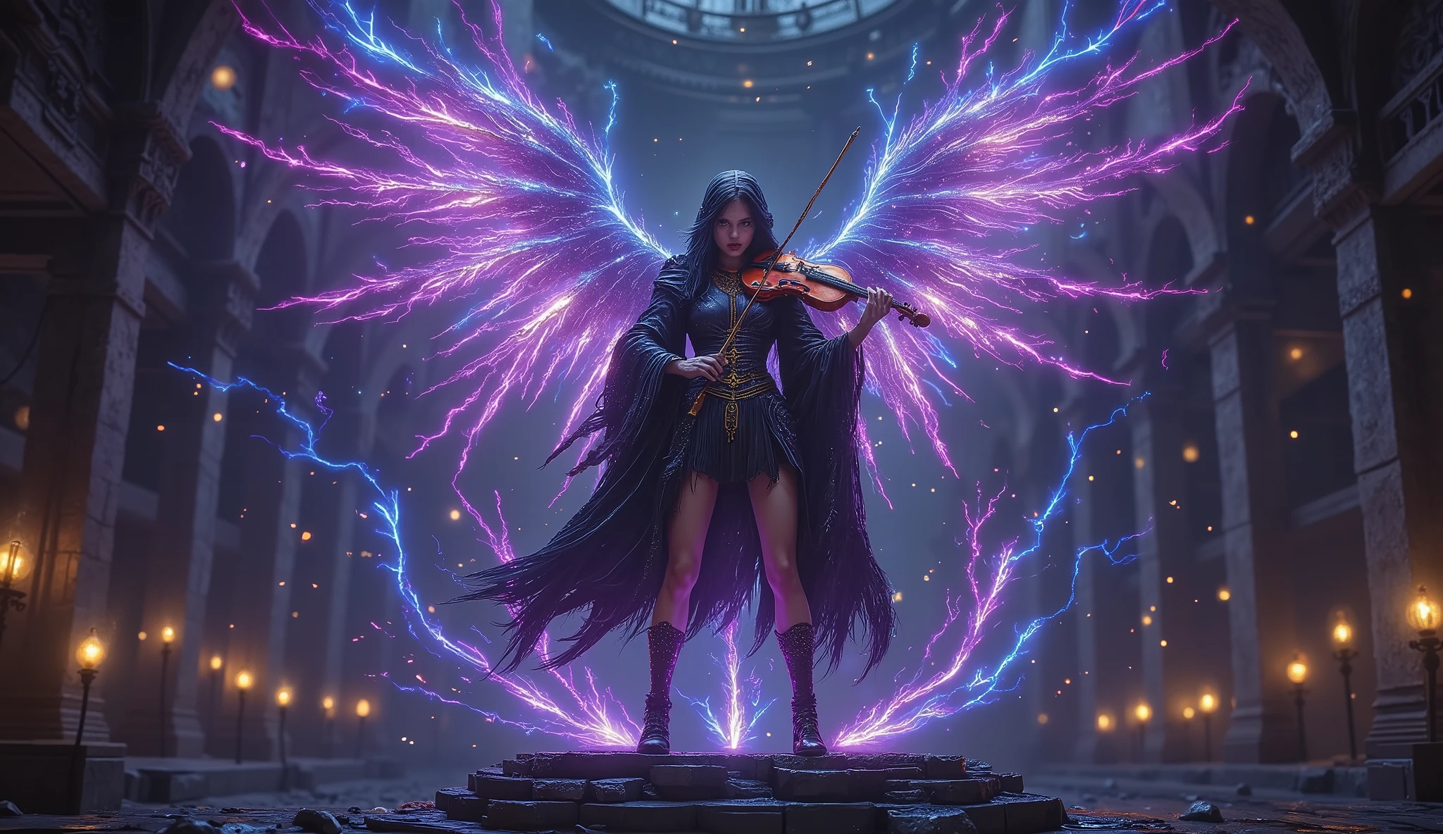 Stereopony Aimi Harakuni, Angry Aimi (female Japanese) as a female wizard (Sorceress) dressed in short robes playing a magical electrical violin with glittering energy on a platform in a dark temple, realistic.