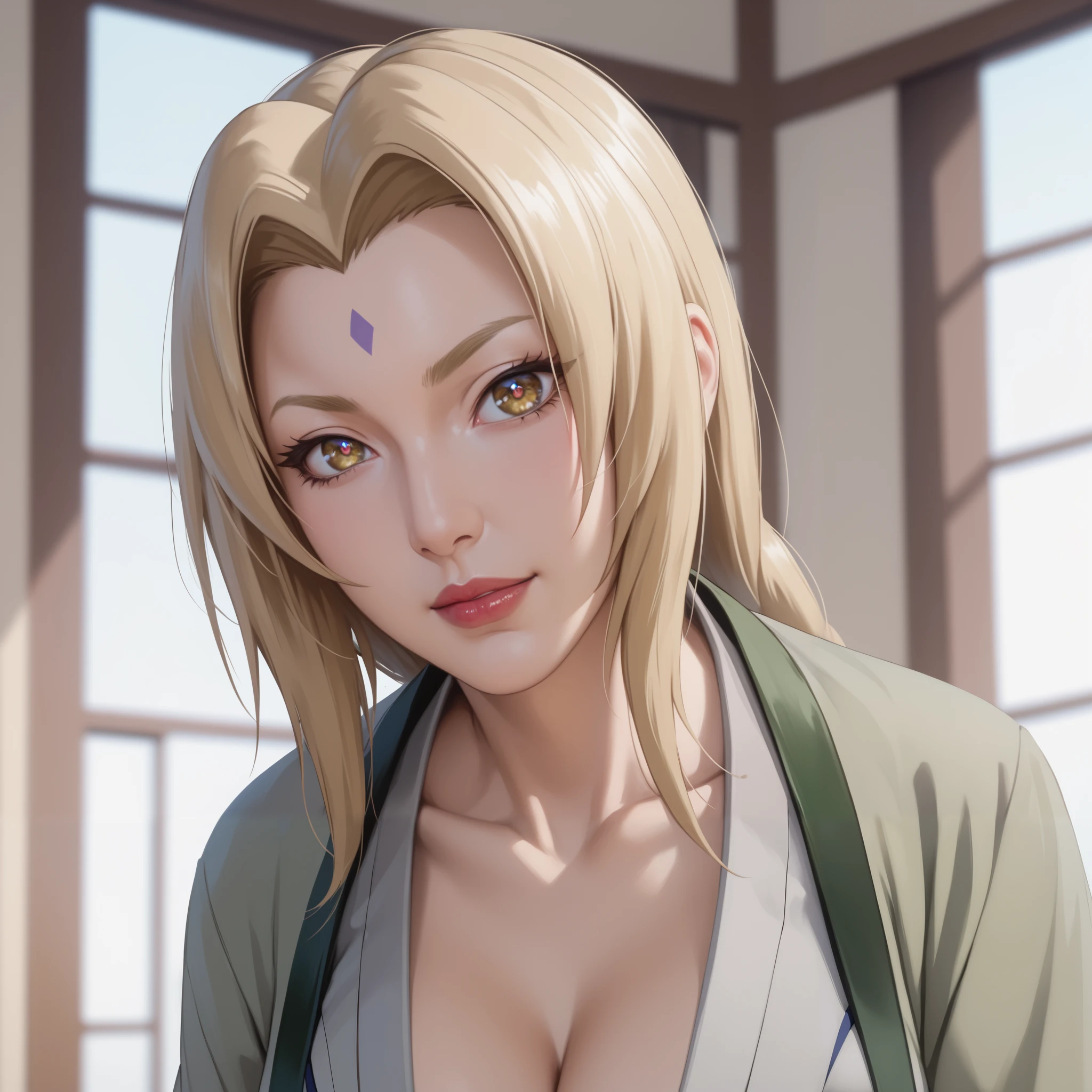 score_9,score_8_up,score_7_up,high res image,masterpiece,best quality,realistic,mature female,Tsunade,t5un4d3,Light yellow long hair,blue purple mark on forehead,light yellow thin short eyebrows,bright brown pupils,light red lips,dark green jacket,long sleeves,collarbone,grey kimono,blue obi,blue pants,(hanging breasts:1.1),(huge breasts:1.2),