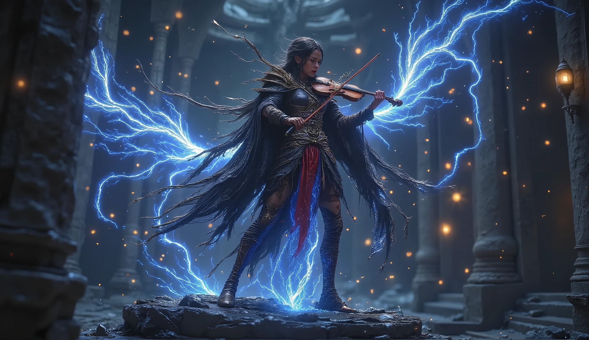 Stereopony Aimi Harakuni, Angry Aimi (female Japanese) as a female wizard (Sorceress) dressed in short robes playing a magical electrical violin with glittering energy on a platform in a dark temple, realistic.