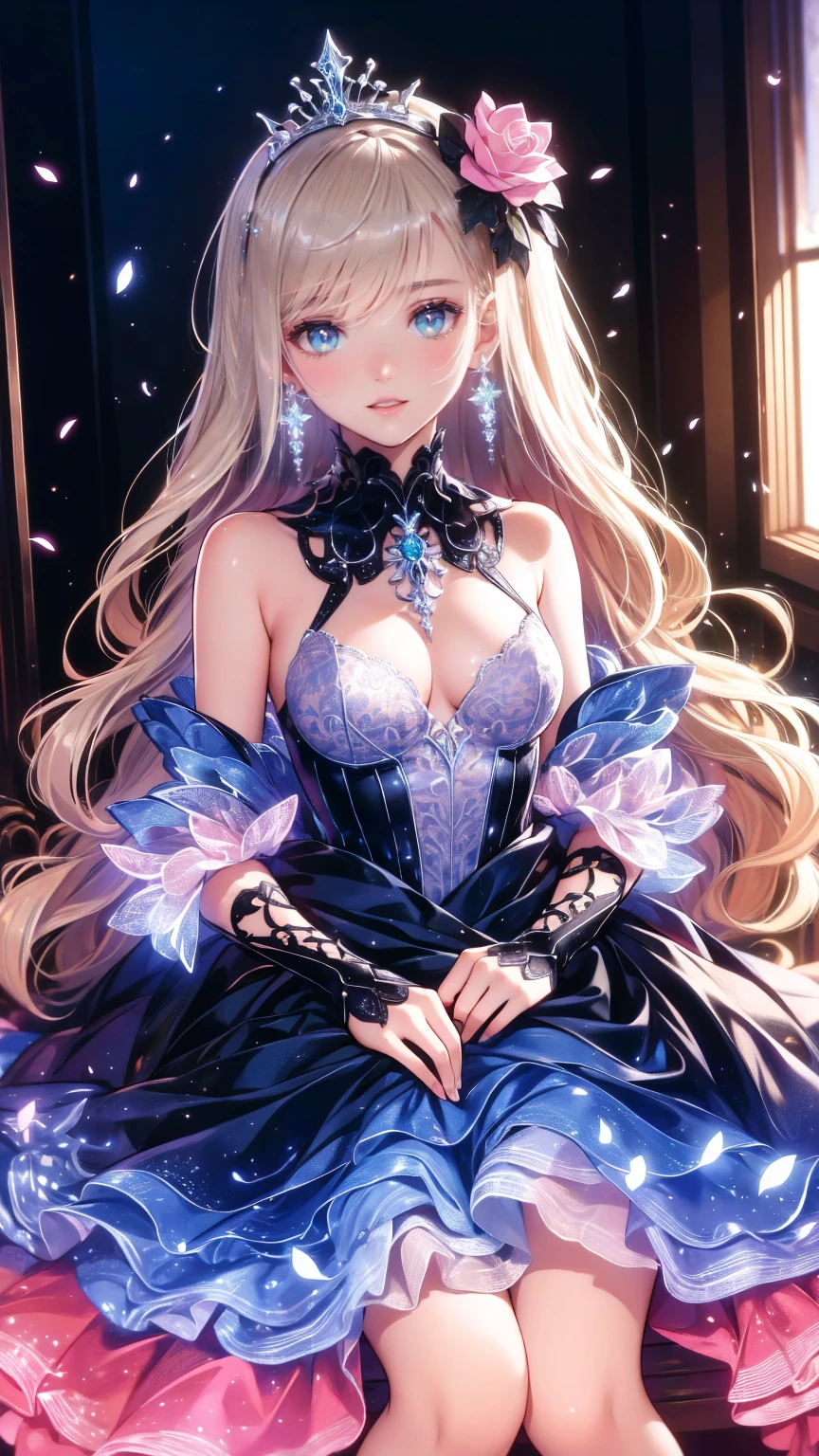 ((top-quality、8K、masterpiece:1.3)),high-level image quality、最high-level image quality、top-quality、hiquality、slenderbody、Beautiful feceボディーライン、Beautiful fece女性、Colossal tits、Sexy style、Insist cleavage、Boob emphasis、ultra-detailliert、Beautiful and aesthetic、Beautiful fece、masterpiece、Show off your cleavage、Huge chest chest)、garterbelts、sheer bondage costume、Beautiful fece女性は, (medium length yellow hair), detailed huge boobs、Lovely smile, (Warm colors), moist, moist, Reflectors, (masutepiece) 、(Best Quality) (Detailed) , (8K) (Studio Lighting) (Convoluted) , ((Flower arch so magical and dreamy)), opulent, ethereal fairy tale, Rich pastel color palette, Ethereal dreamy theme, dreamy and detailed, The setting of a fairy tale:, (((building with many flowers)))、anime fantasy artwork, anime fantasy illustration, Beautiful feceアートワークのイラスト, Beautiful feceアニメアートwork, elaborate digital art, Convolutedな華やかなアニメCGIスタイル, anime art nouveau cosmic display, Beautiful feceアニメアート, Beautiful feceデジタル芸術作品, Beautiful feceファンタジーアニメ, Detailed anime artwork, Detailed Digital Anime Art, dreamy psychedelic anime、(Sheer Sexy Lingerie)、(sheer lingerie)、Beautiful fece表現、Beautiful fece乳房、A detailed eye、Clearly eye-catching, beautiful and alluring、Beautiful fece目、Narrow waist、Beautiful fece白い肌、red rip、((Flower decoration all over long hair))