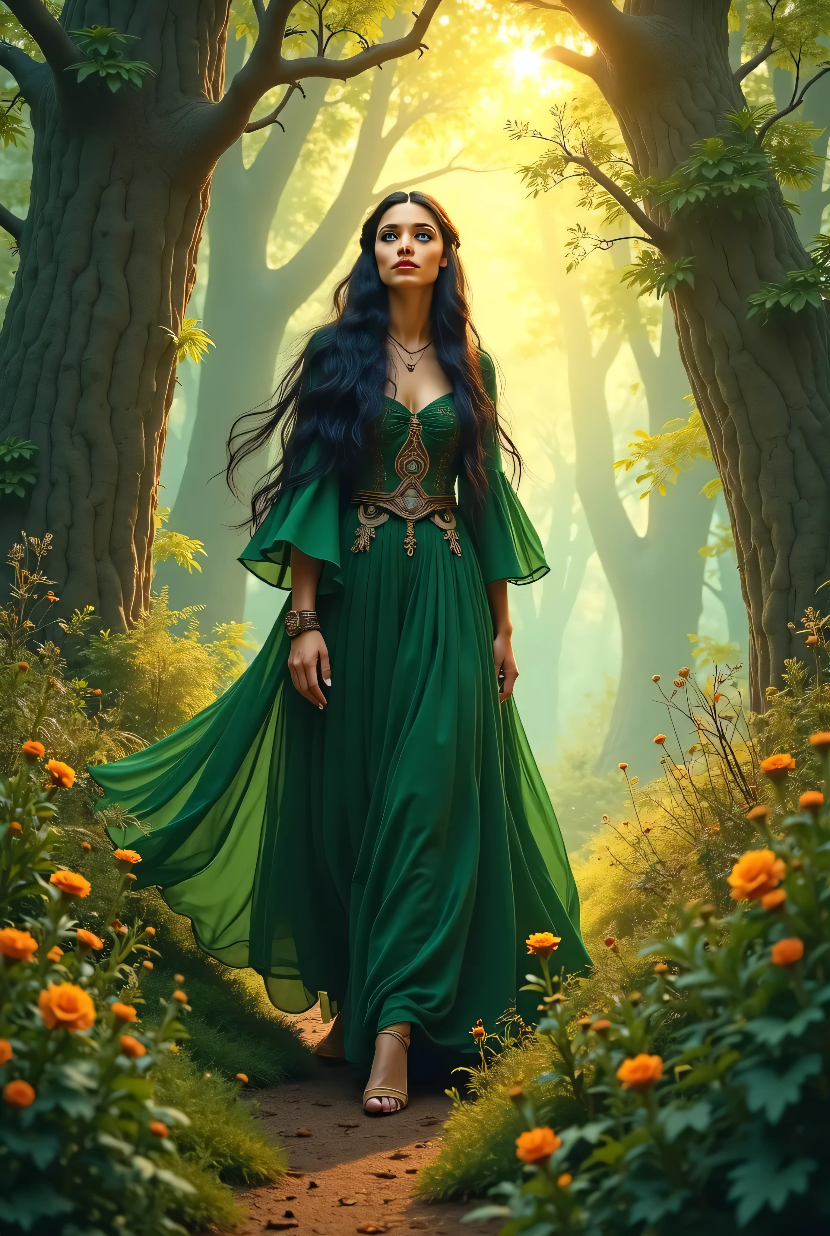 uma pintura de uma mulher com cabelo verde e um vestido verde de cetim pencil dress , fey queen of the summer forest, deusa da floresta, retrato de uma rainha elfa, sacerdotisa elfa, fae sacerdotisa, fantasia characture retrato, deusa da travessura, deusa da natureza, Elven Princess, retrato de uma bela deusa, rainha da floresta, retrato da deusa